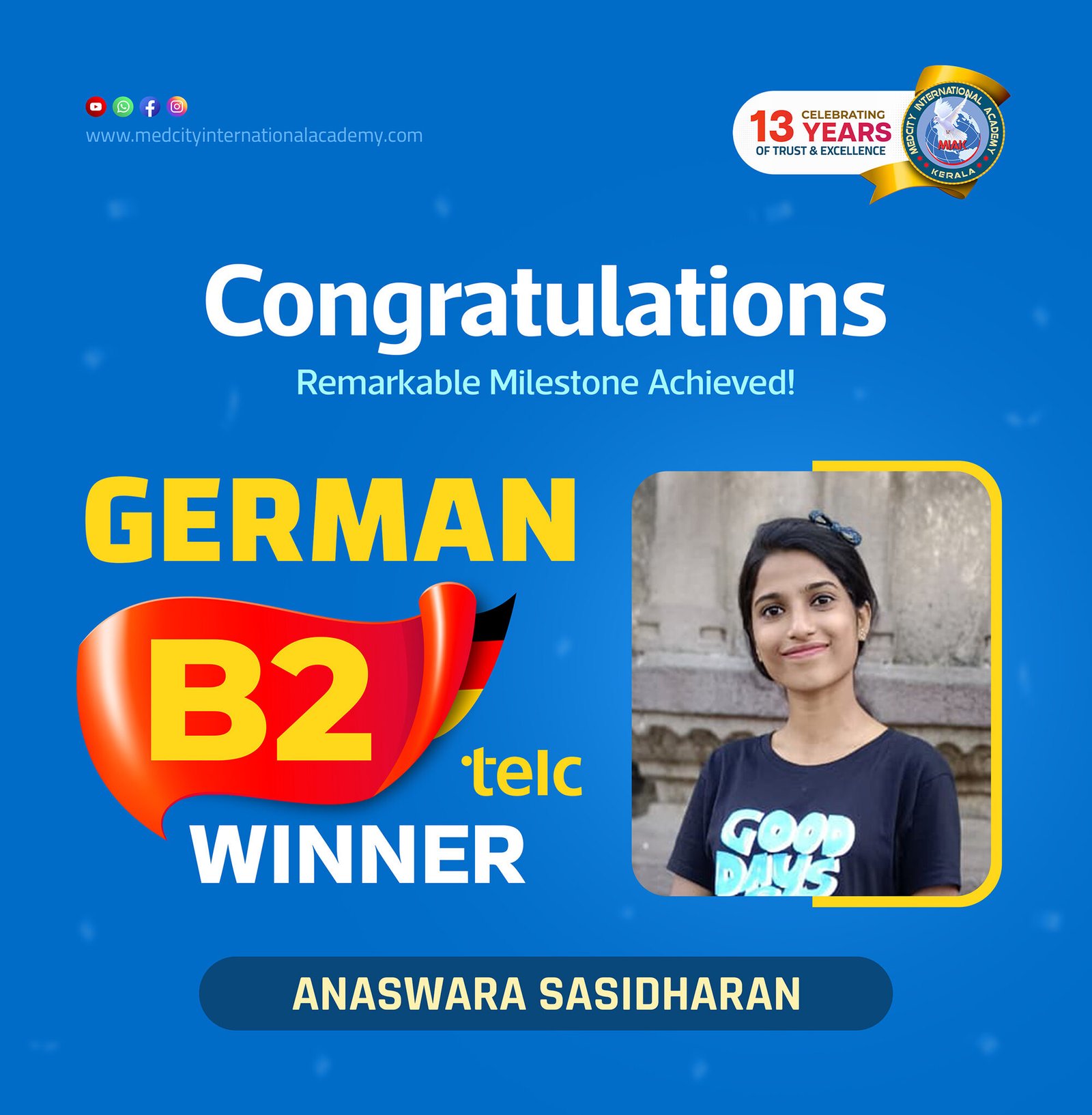 Medcity International Academy German B2 TELC success banner featuring Anaswara Sasidharan celebrating successful completion of the German B2 TELC Examination. The banner highlights expert German language training for students and professionals preparing for higher education, Ausbildung, and career opportunities in Germany.