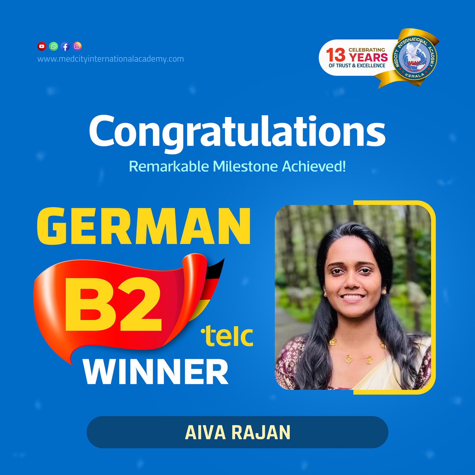 Medcity International Academy German B2 TELC success banner featuring Aiva Rajan celebrating successful completion of the German B2 TELC Examination. The banner highlights expert German language training for students and professionals preparing for higher education, Ausbildung, nursing careers, and career opportunities in Germany.