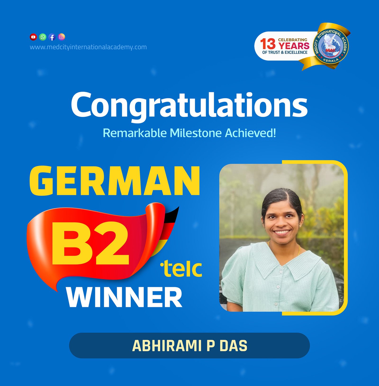 Medcity International Academy German B2 TELC success banner featuring Abhirami P Das celebrating successful completion of the German B2 TELC Examination. The banner highlights expert German language training for students preparing for higher education, Ausbildung programs, nursing careers, and employment opportunities in Germany.