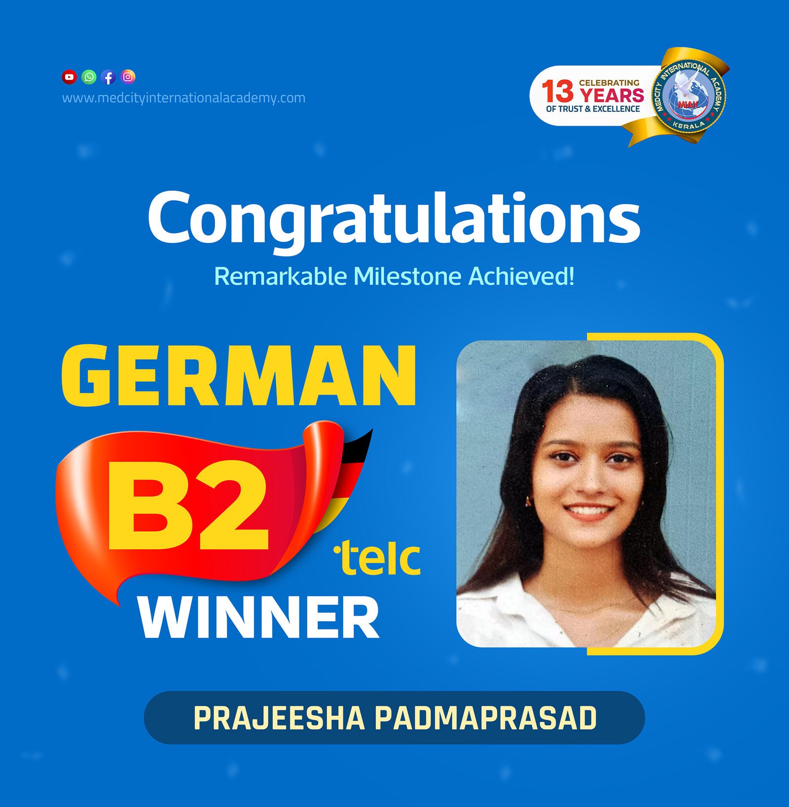 Medcity International Academy German B2 TELC success banner featuring Prajeesha Padmaprasad celebrating successful completion of the German B2 TELC Examination. The banner highlights expert German language training for students preparing for higher education, Ausbildung programs, nursing careers, and employment opportunities in Germany.