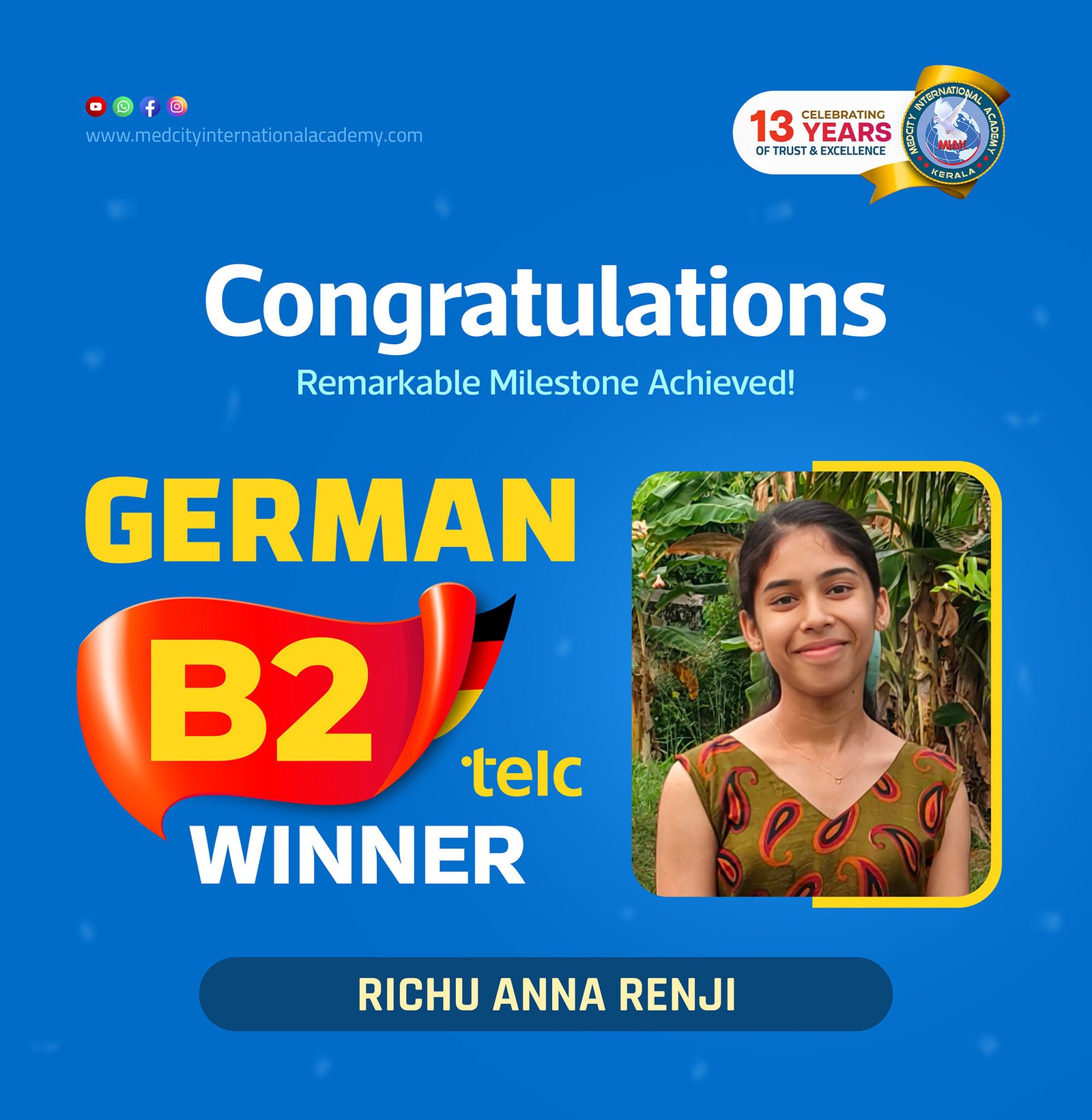Medcity International Academy German B2 TELC success banner featuring Richu Anna Renji celebrating successful completion of the German B2 TELC Examination. The banner highlights expert German language training for students preparing for higher education, Ausbildung programs, nursing careers, and employment opportunities in Germany.