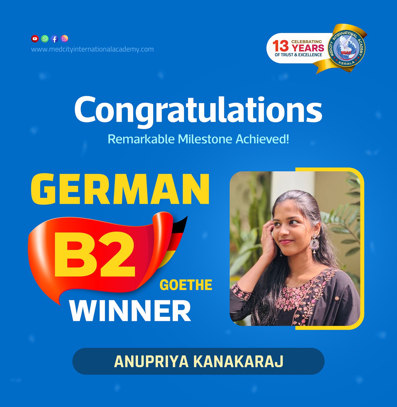 Medcity International Academy German B2 Goethe success banner featuring Anupriya Kanakaraj celebrating successful completion of the German B2 Goethe Examination. The banner highlights expert German language training for students preparing for higher education, Ausbildung programs, nursing careers, and employment opportunities in Germany.