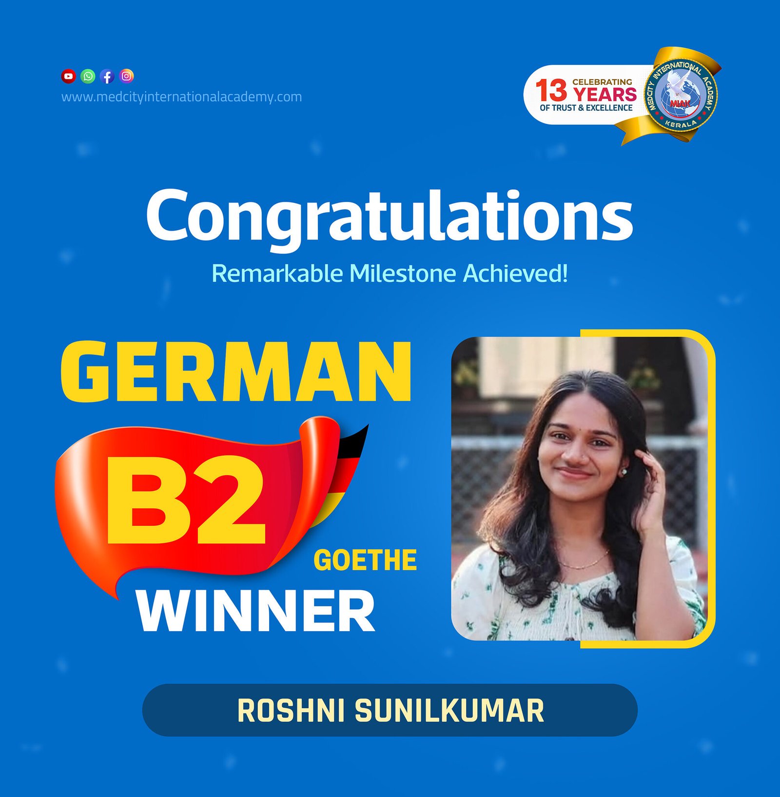 Medcity International Academy German B2 Goethe success banner featuring Roshni Sunilkumar celebrating successful completion of the German B2 Goethe Examination. The banner highlights expert German language training for students preparing for higher education, Ausbildung programs, nursing careers, and employment opportunities in Germany.