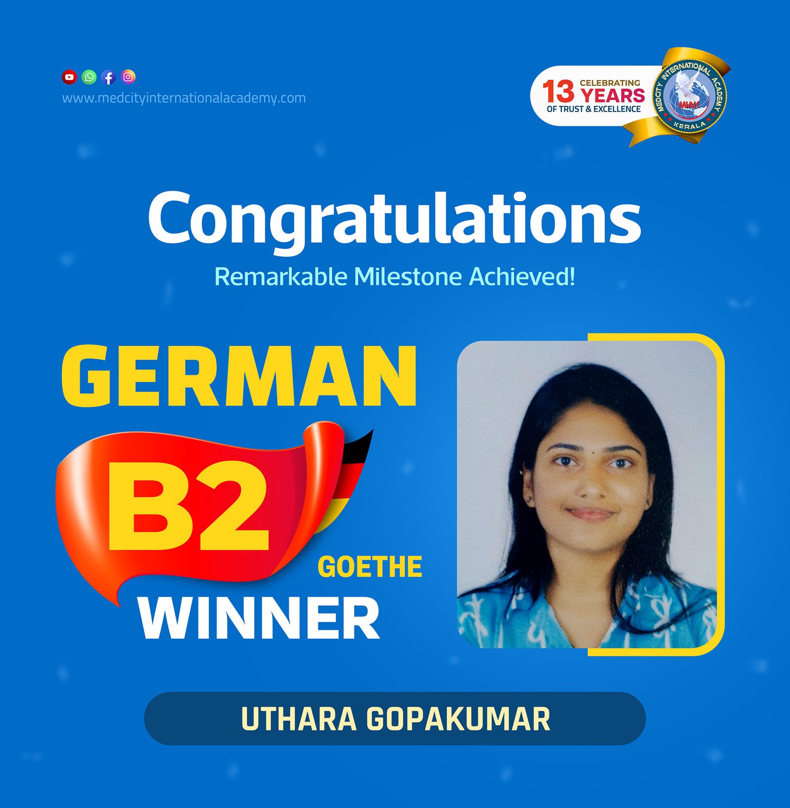 Medcity International Academy German B2 Goethe success banner featuring Uthara Gopakumar celebrating successful completion of the German B2 Goethe Examination. The banner highlights expert German language training for students preparing for higher education, Ausbildung programs, nursing careers, and employment opportunities in Germany.