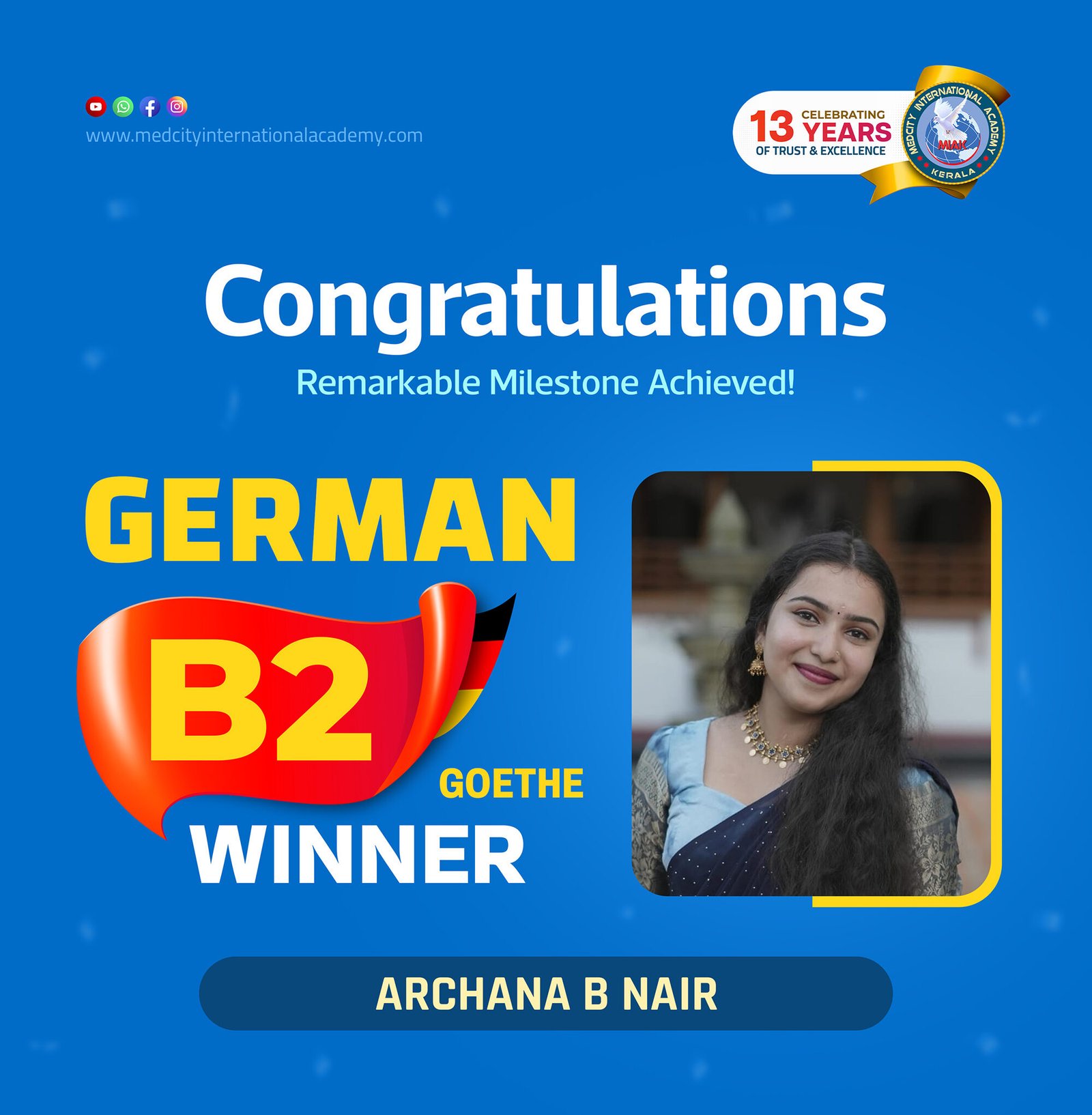 Medcity International Academy German B2 Goethe success banner featuring Archana B Nair celebrating successful completion of the German B2 Goethe Examination. The banner highlights expert German language training for students preparing for higher education, Ausbildung programs, nursing careers, and employment opportunities in Germany.