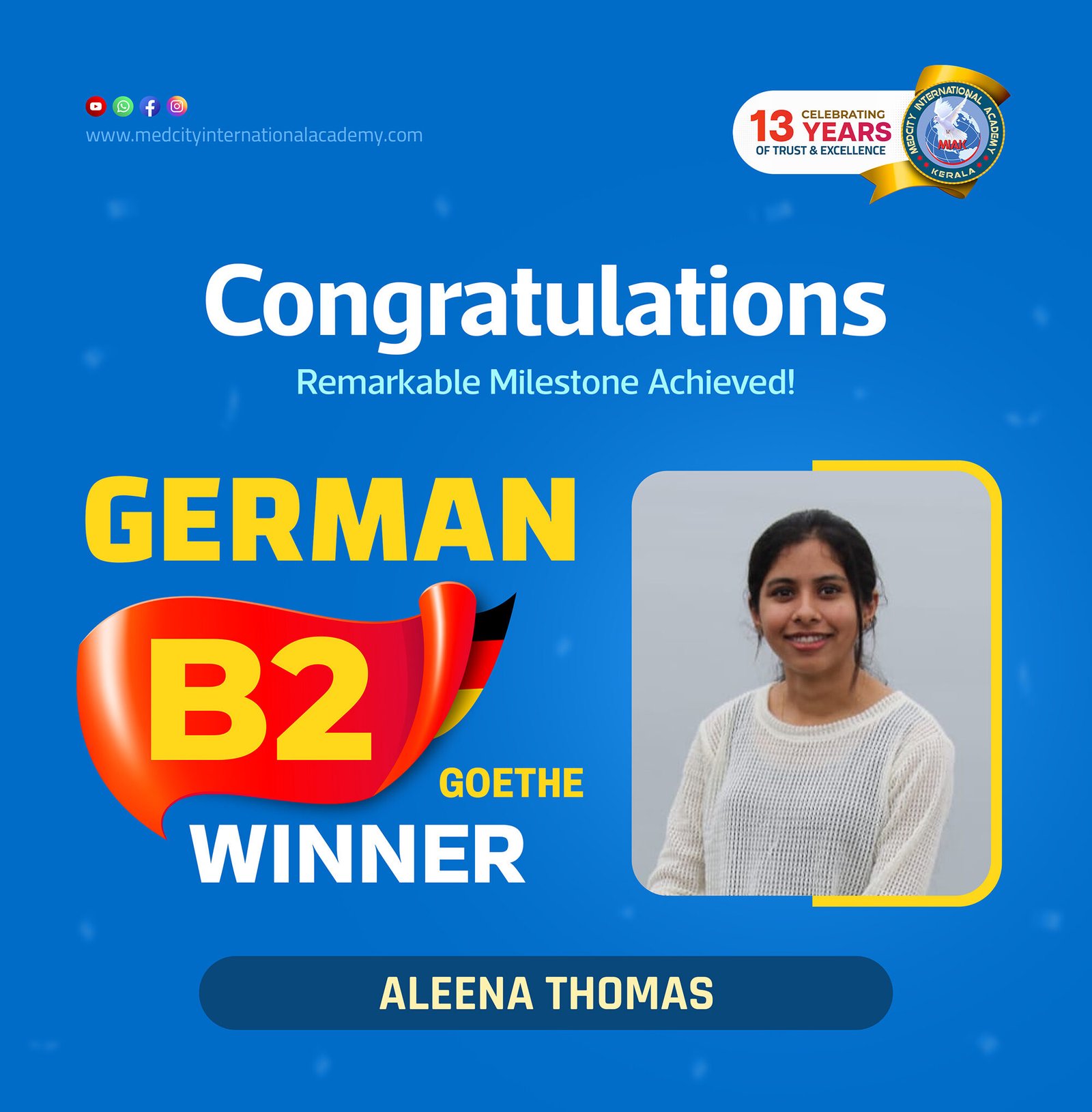 Medcity International Academy German B2 Goethe success banner featuring Aleena Thomas celebrating successful completion of the German B2 Goethe Examination. The banner highlights expert German language training for students preparing for higher education, Ausbildung programs, nursing careers, and employment opportunities in Germany.