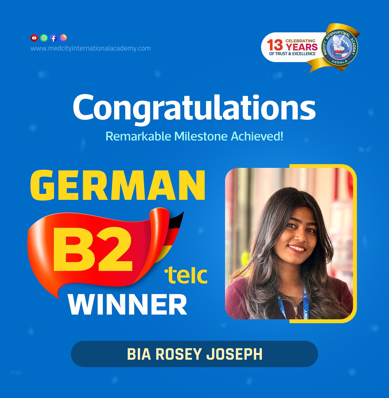 Medcity International Academy German B2 TELC success banner featuring Bia Rosey Joseph celebrating successful completion of the German B2 TELC Examination. The banner highlights expert German language training for students preparing for higher education, Ausbildung programs, nursing careers, and employment opportunities in Germany.