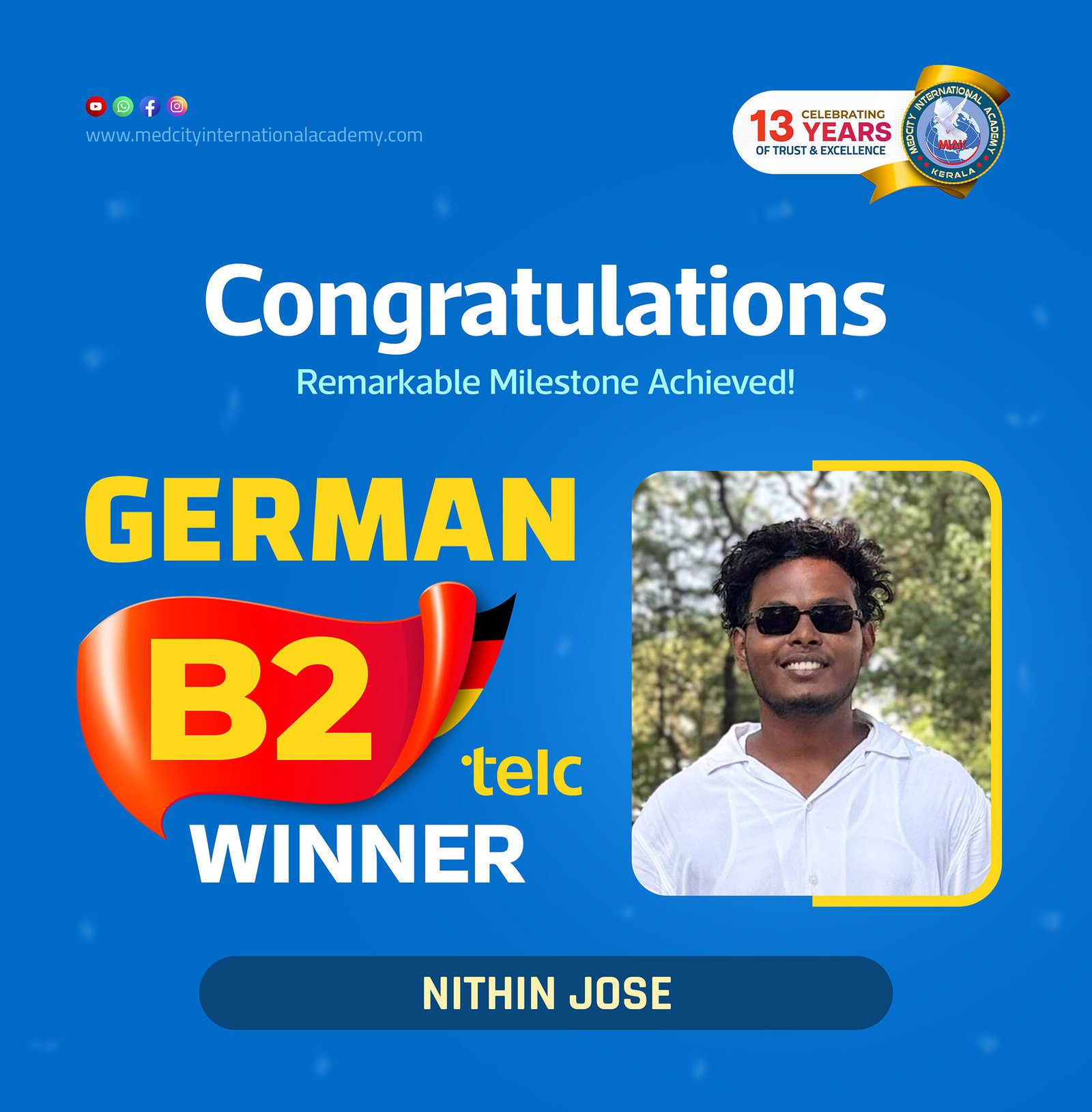 Medcity International Academy German B2 TELC success banner featuring Nithin Jose celebrating successful completion of the German B2 TELC Examination. The banner highlights expert German language training for students preparing for higher education, Ausbildung programs, nursing careers, and employment opportunities in Germany.