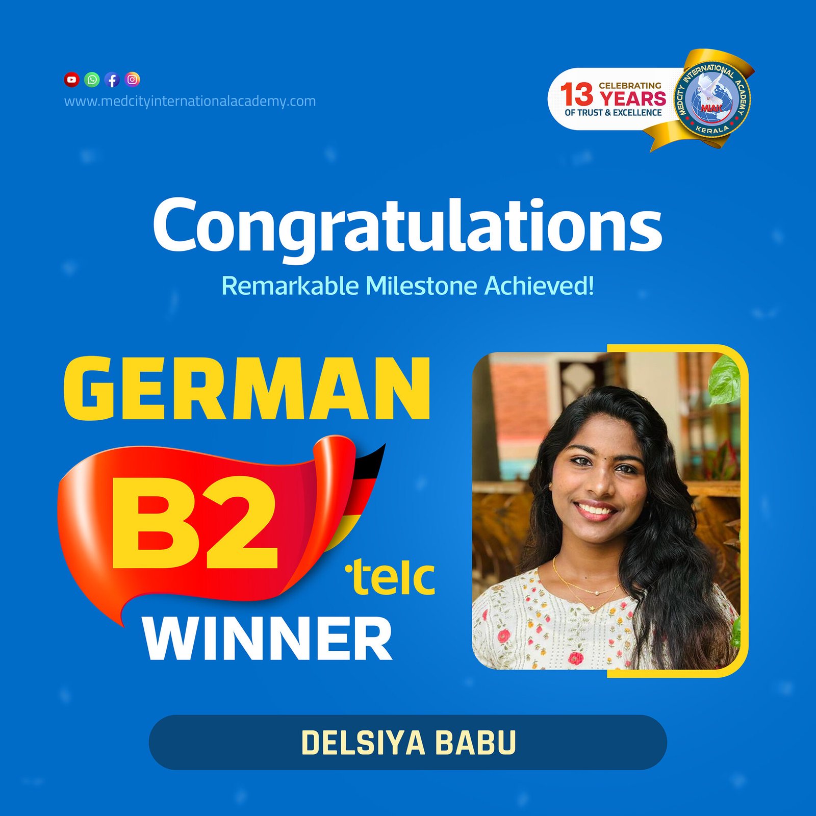 Medcity International Academy German B2 TELC success banner featuring Delsiya Babu celebrating successful completion of the German B2 TELC Examination. The banner showcases expert German language training for students and professionals preparing for study, Ausbildung, nursing careers, and employment opportunities in Germany