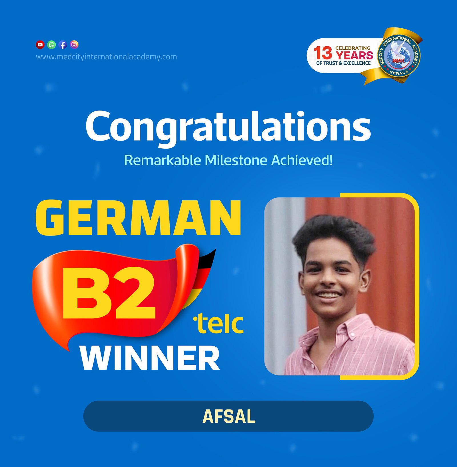 Medcity International Academy German B2 TELC success banner featuring Afsal celebrating successful completion of the German B2 TELC Examination. The banner highlights expert German language training for students preparing for higher education, Ausbildung programs, nursing careers, and employment opportunities in Germany.