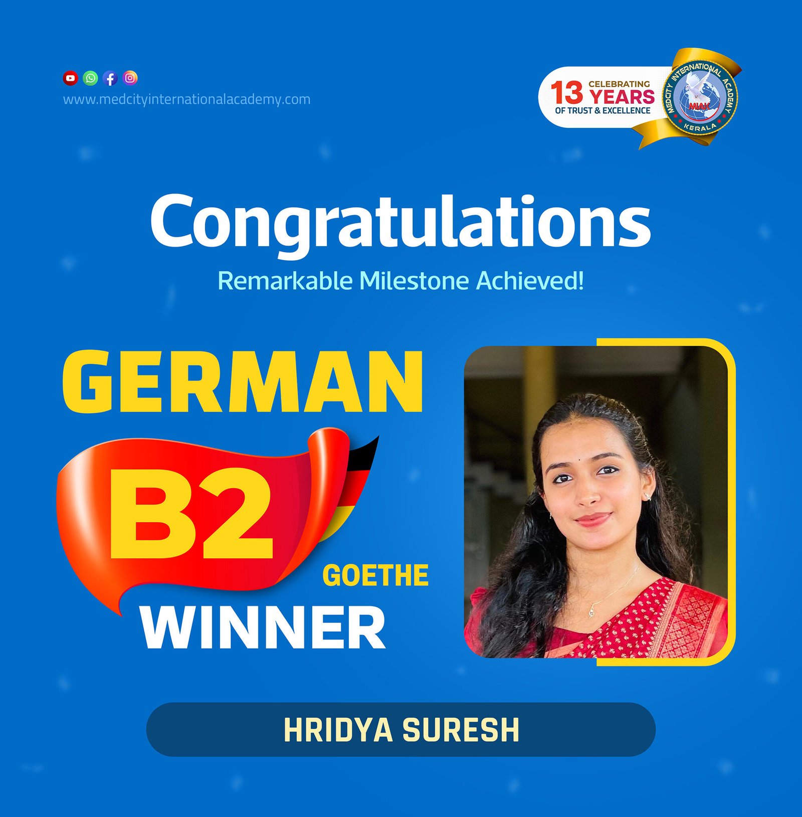 Medcity International Academy German B2 Goethe success banner featuring Hridhya Suresh celebrating successful completion of the German B2 Goethe Examination. The banner highlights expert German language training for students preparing for higher education, Ausbildung programs, nursing careers, and employment opportunities in Germany.