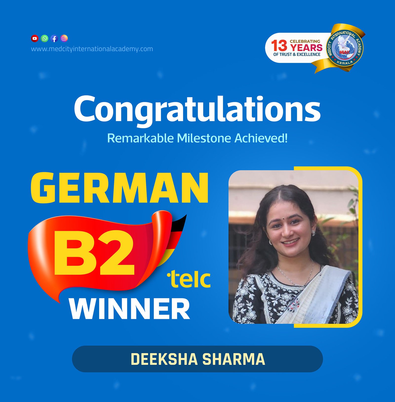 Medcity International Academy German B2 TELC success banner featuring Deeksha Sharma celebrating successful completion of the German B2 TELC Examination. The banner highlights expert German language training for students preparing for higher education, Ausbildung programs, nursing careers, and employment opportunities in Germany.