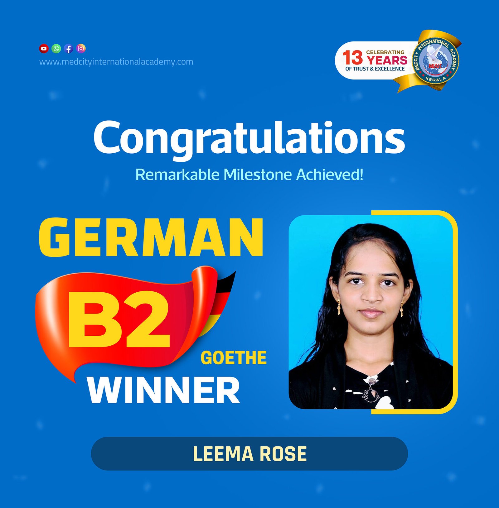 Medcity International Academy German B2 Goethe success banner featuring Leema Rose celebrating successful completion of the German B2 Goethe Examination. The banner highlights expert German language training for students preparing for higher education, Ausbildung programs, nursing careers, and employment opportunities in Germany.