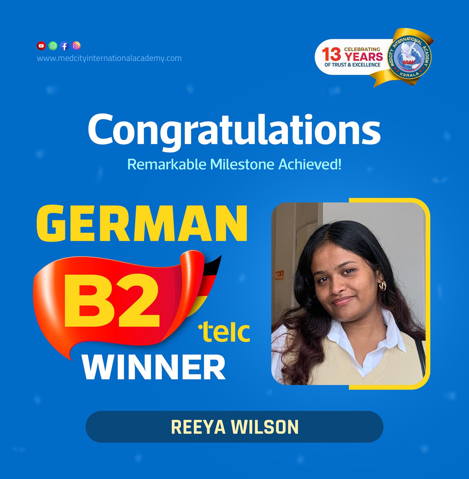 Medcity International Academy German B2 TELC success banner featuring Reeya Wilson celebrating successful completion of the German B2 TELC Examination. The banner highlights expert German language training for students preparing for higher education, Ausbildung programs, nursing careers, and employment opportunities in Germany.