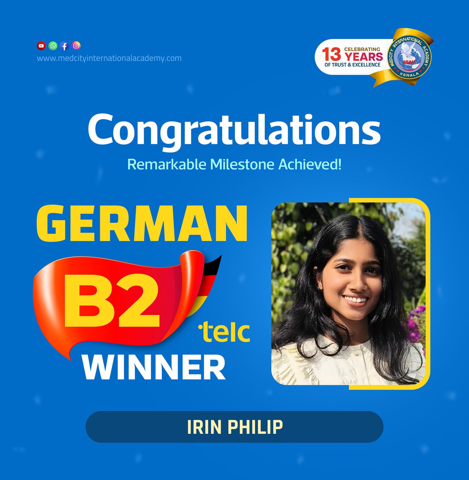 Medcity International Academy German B2 TELC success banner featuring Irin Philip celebrating successful completion of the German B2 TELC Examination. The banner highlights expert German language training for students preparing for higher education, Ausbildung programs, nursing careers, and employment opportunities in Germany.