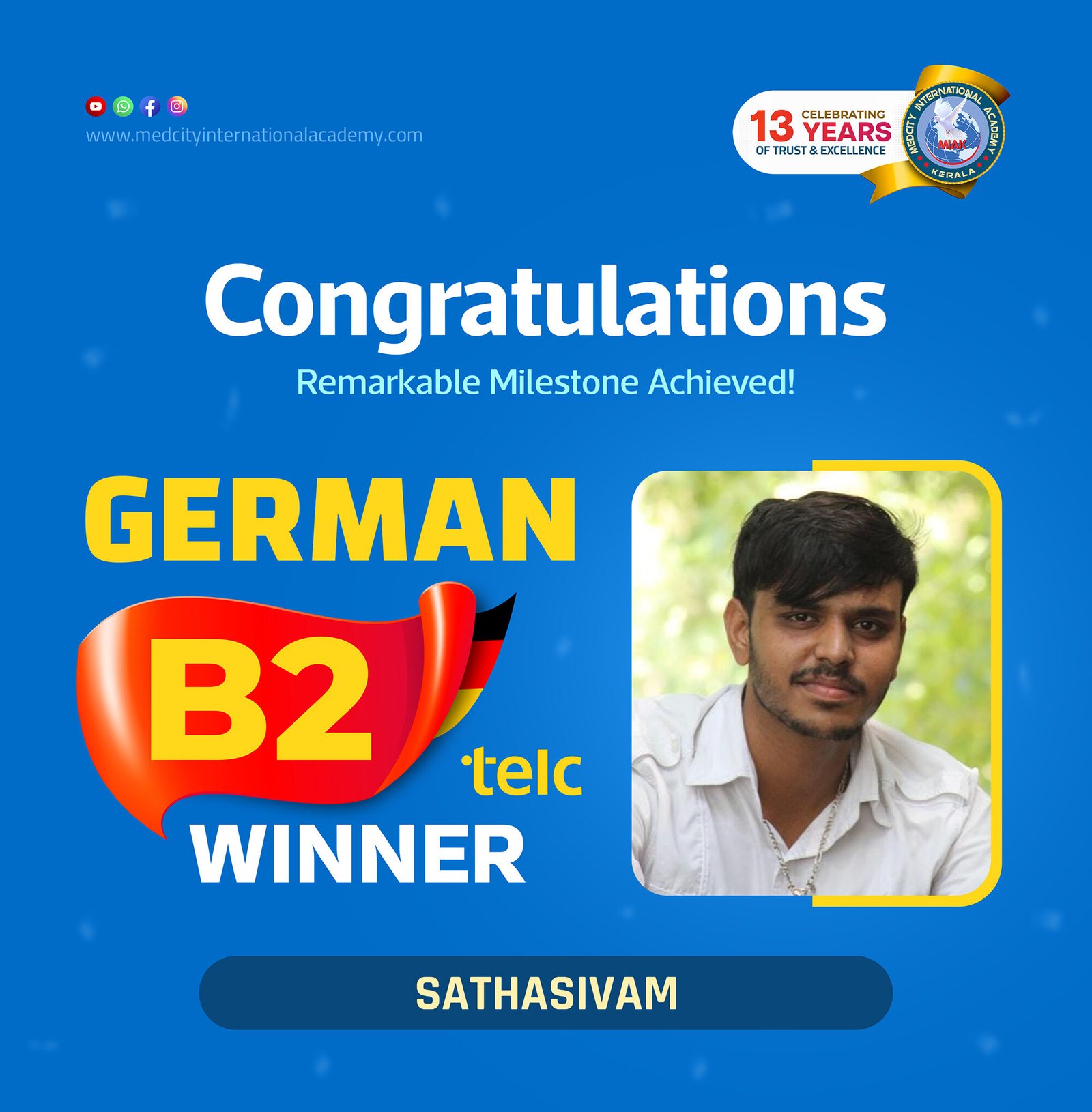 Medcity International Academy German B2 TELC success banner featuring Sathasivam celebrating successful completion of the German B2 TELC Examination. The banner highlights expert German language training for students preparing for higher education, Ausbildung programs, nursing careers, and employment opportunities in Germany.