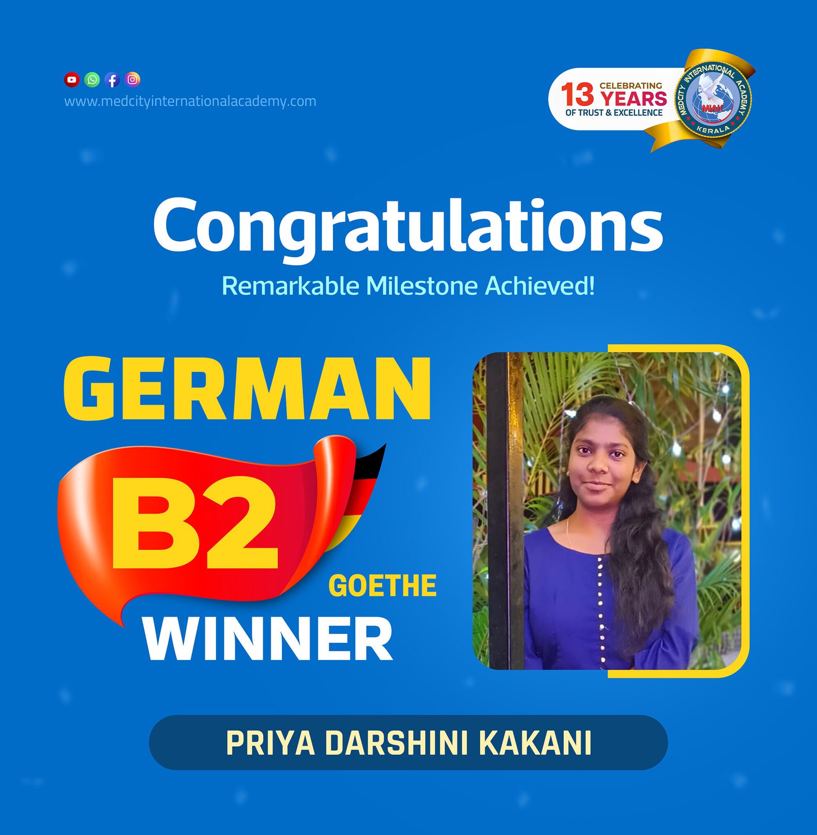 Medcity International Academy German B2 Goethe success banner featuring Priya Darshini Kakani celebrating successful completion of the German B2 Goethe Examination. The banner highlights expert German language training for students preparing for higher education, Ausbildung programs, nursing careers, and employment opportunities in Germany.