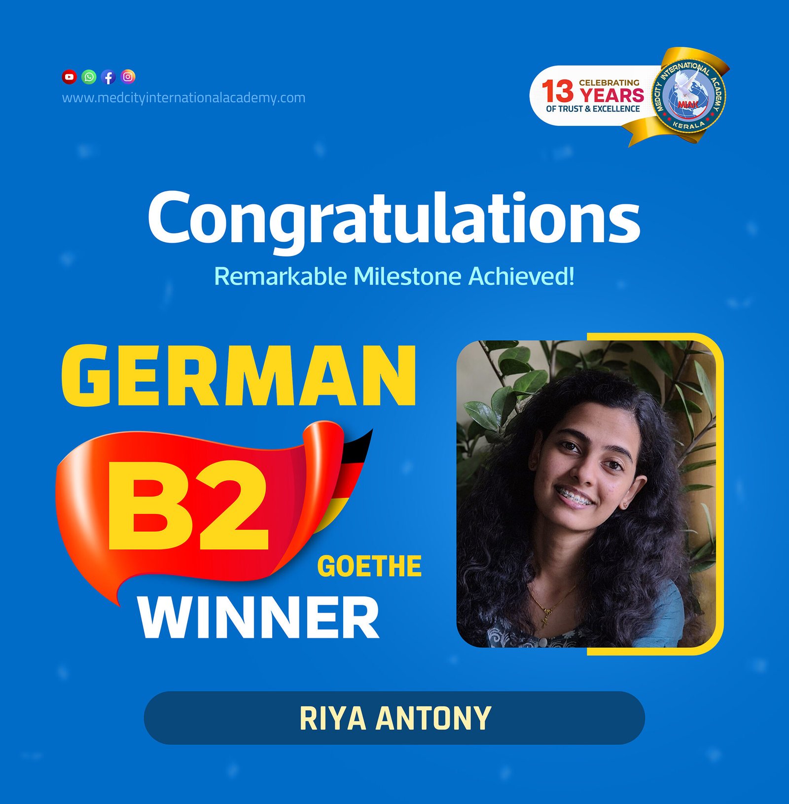Medcity International Academy German B2 Goethe success banner featuring Riya Antony celebrating successful completion of the German B2 Goethe Examination. The banner highlights expert German language training for students preparing for higher education, Ausbildung programs, nursing careers, and employment opportunities in Germany
