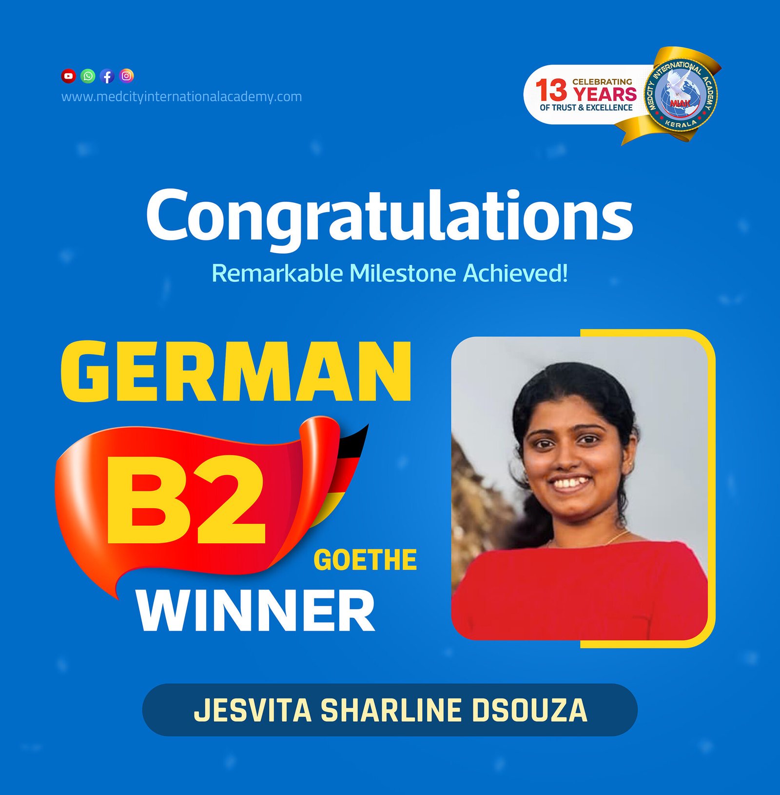 Medcity International Academy German B2 Goethe success banner featuring Jesvita Sharline Dsouza celebrating successful completion of the German B2 Goethe Examination. The banner highlights expert German language training for students preparing for higher education, Ausbildung programs, nursing careers, and career opportunities in Germany.