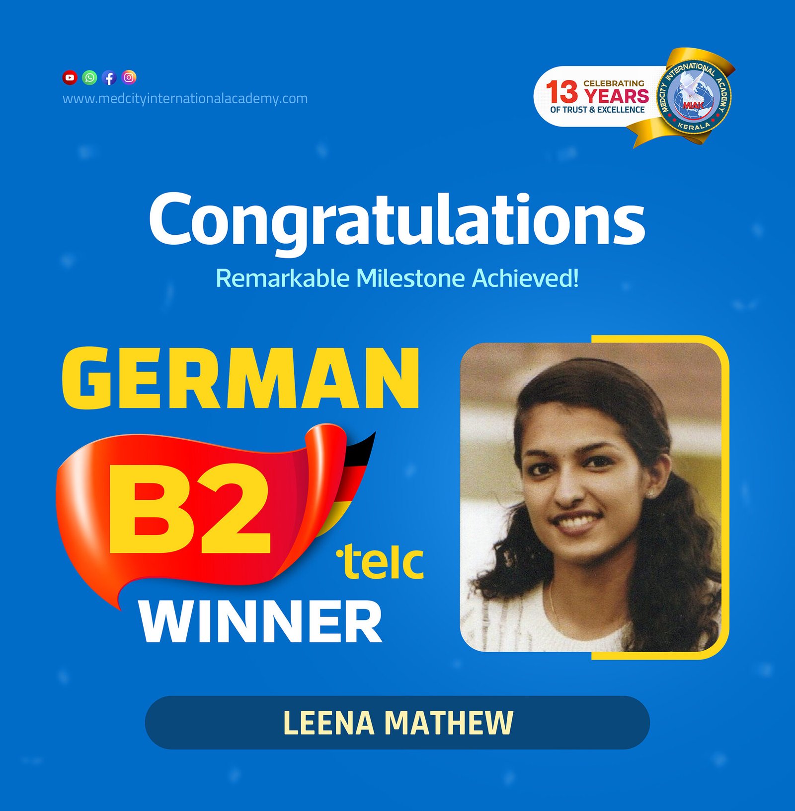 Medcity International Academy German B2 TELC success banner featuring Leena Mathew celebrating successful completion of the German B2 TELC Examination. The banner highlights expert German language training for students preparing for higher education, Ausbildung programs, nursing careers, and employment opportunities in Germany.