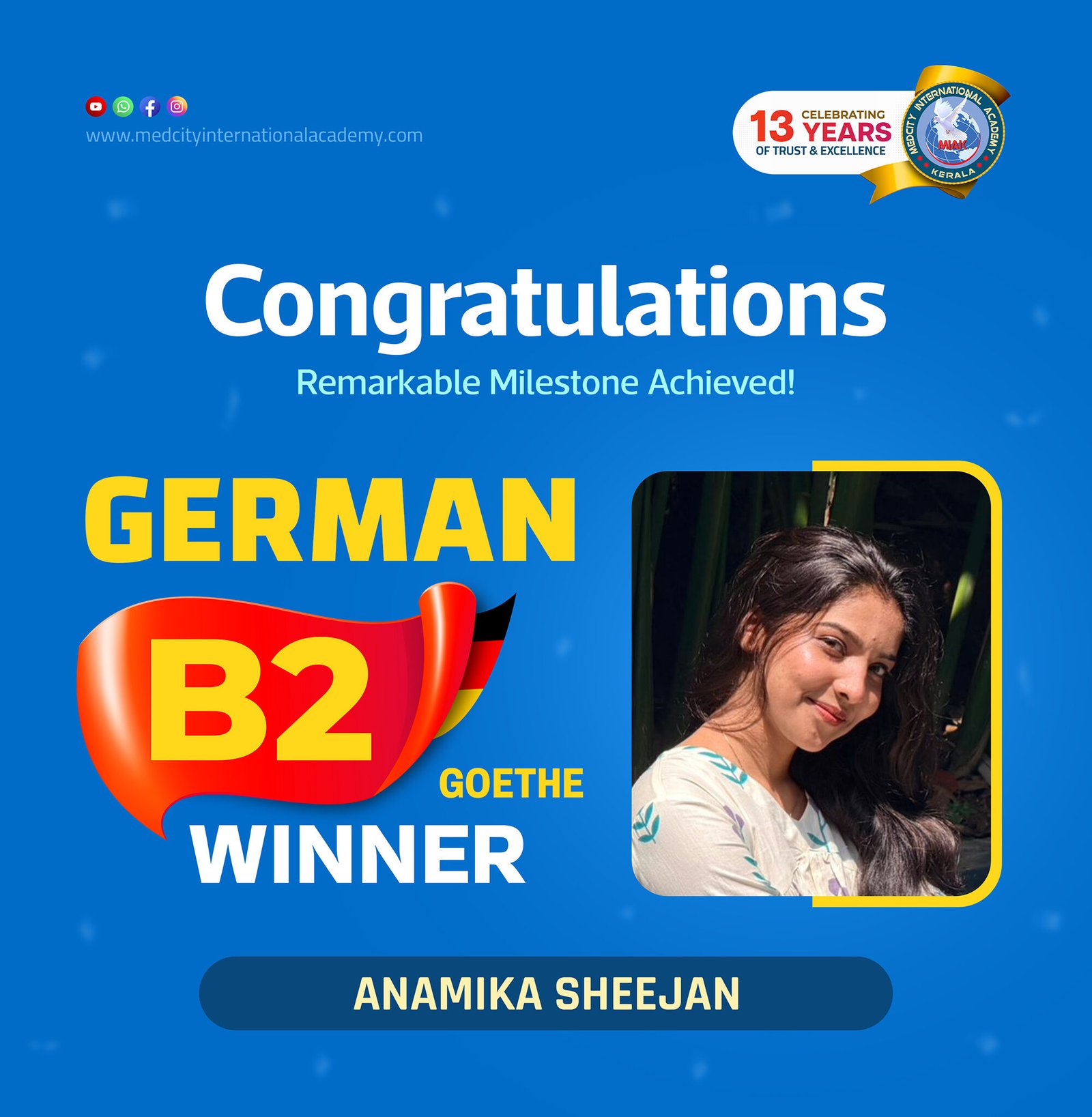 Medcity International Academy German B2 Goethe success banner featuring Anamika Sheejan celebrating successful completion of the German B2 Goethe Examination. The banner highlights expert German language training for students preparing for higher education, Ausbildung programs, nursing careers, and employment opportunities in Germany.