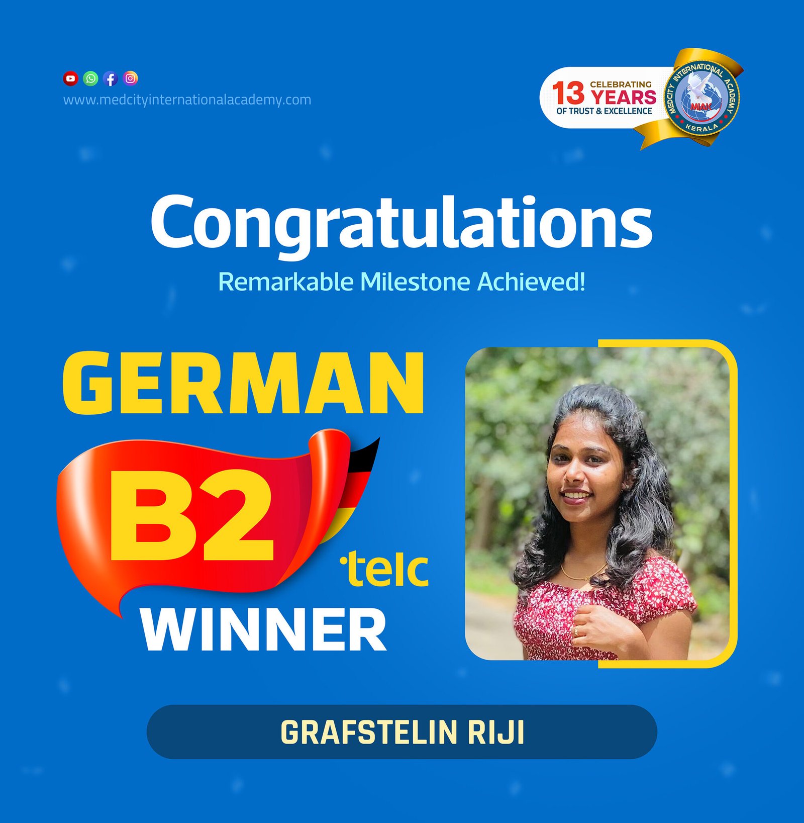 Medcity International Academy German B2 TELC success banner featuring Grafstelin Riji celebrating successful completion of the German B2 TELC Examination. The banner highlights expert German language training for students preparing for higher education, Ausbildung programs, nursing careers, and employment opportunities in Germany.