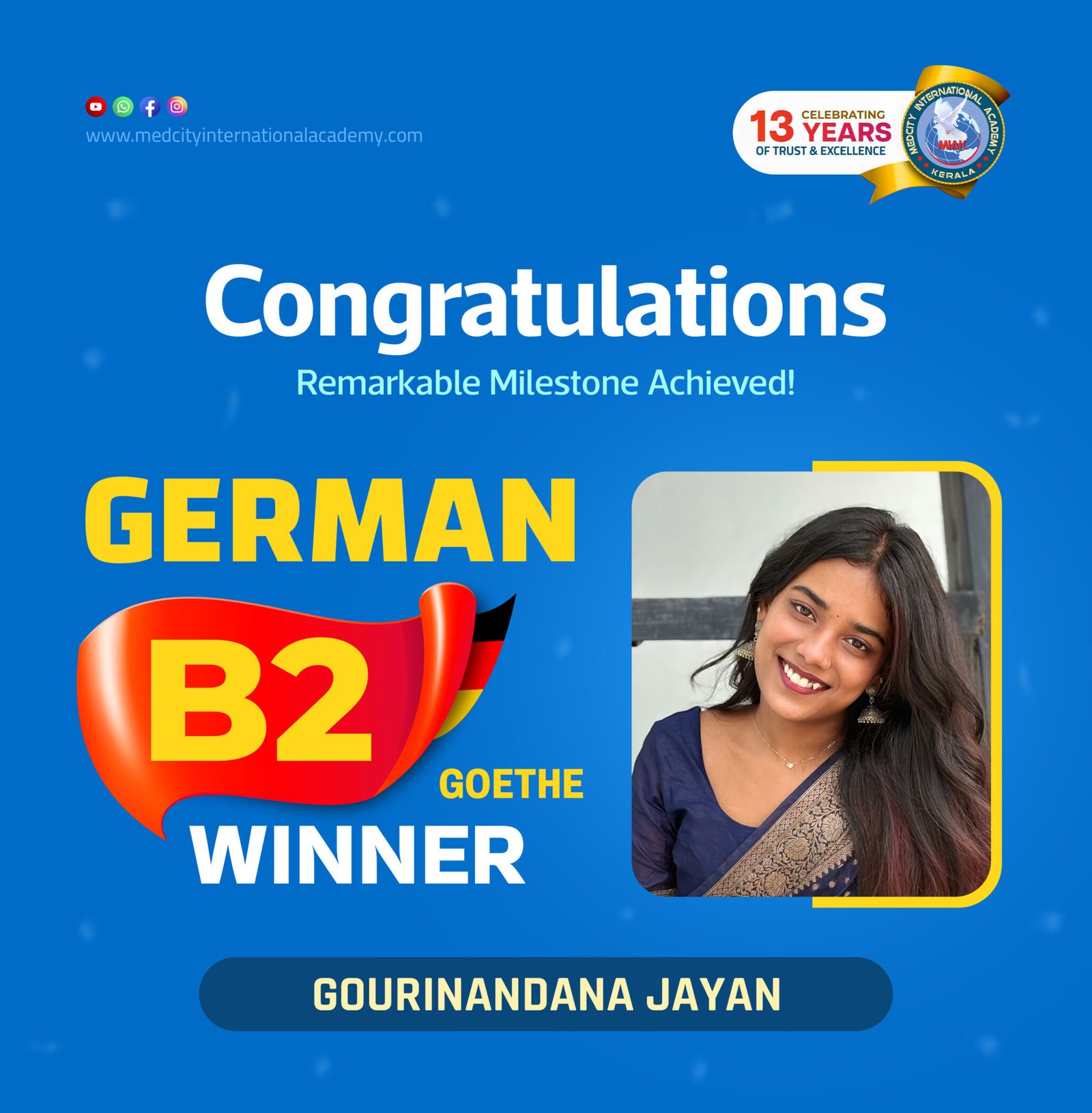 Medcity International Academy German B2 Goethe success banner featuring Gourinandana Jayan celebrating successful completion of the German B2 Goethe Examination. The banner highlights expert German language training for students preparing for higher education, Ausbildung programs, nursing careers, and employment opportunities in Germany.