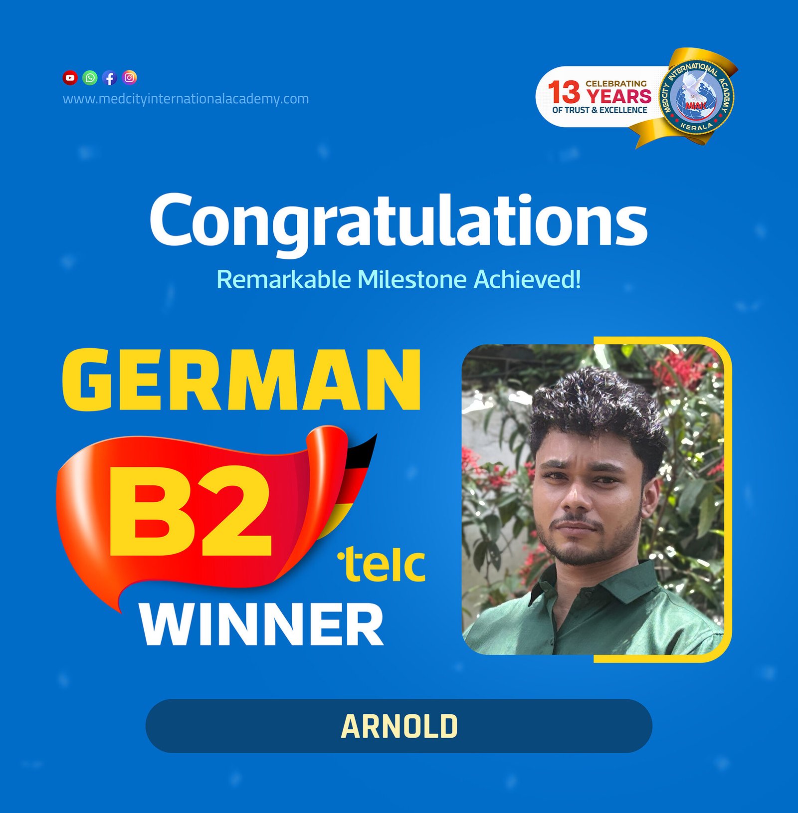 Medcity International Academy German B2 TELC success banner featuring Arnold celebrating successful completion of the German B2 TELC Examination. The banner highlights expert German language training for students preparing for higher education, Ausbildung programs, nursing careers, and employment opportunities in Germany.