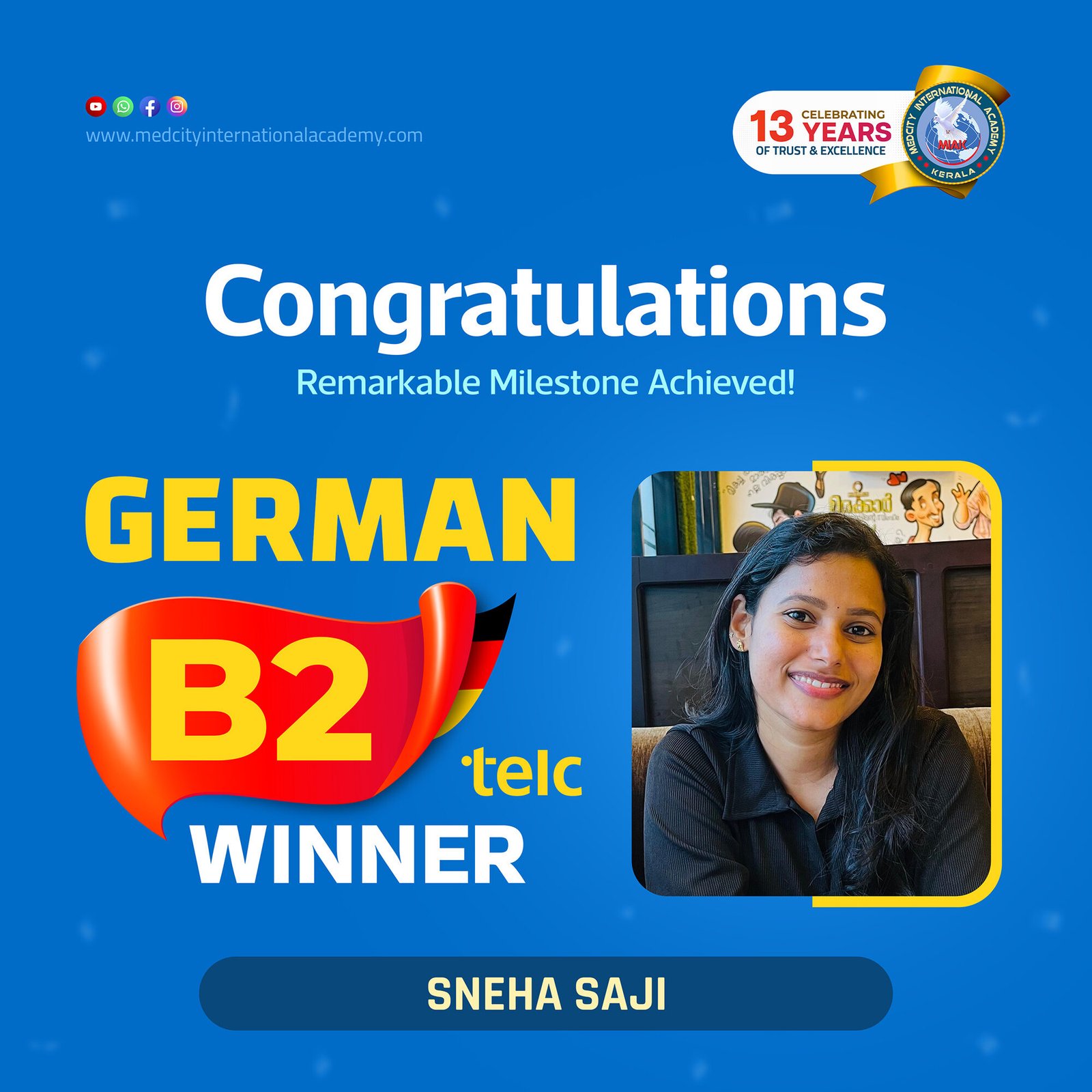 Medcity International Academy German B2 TELC success banner featuring Sneha Saji celebrating successful completion of the German B2 TELC Examination. The banner highlights expert German language training for students and professionals preparing for study, Ausbildung, nursing careers, and employment opportunities in Germany.