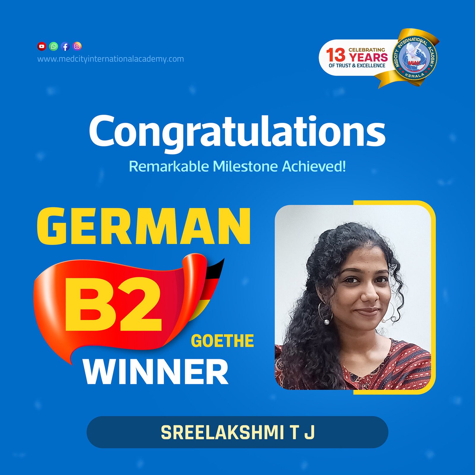 Medcity International Academy German B2 Goethe success banner featuring Sreelakshmi T J celebrating successful completion of the German B2 Goethe Examination. The banner showcases expert German language training for students and professionals preparing for higher education, Ausbildung, nursing careers, and employment opportunities in Germany