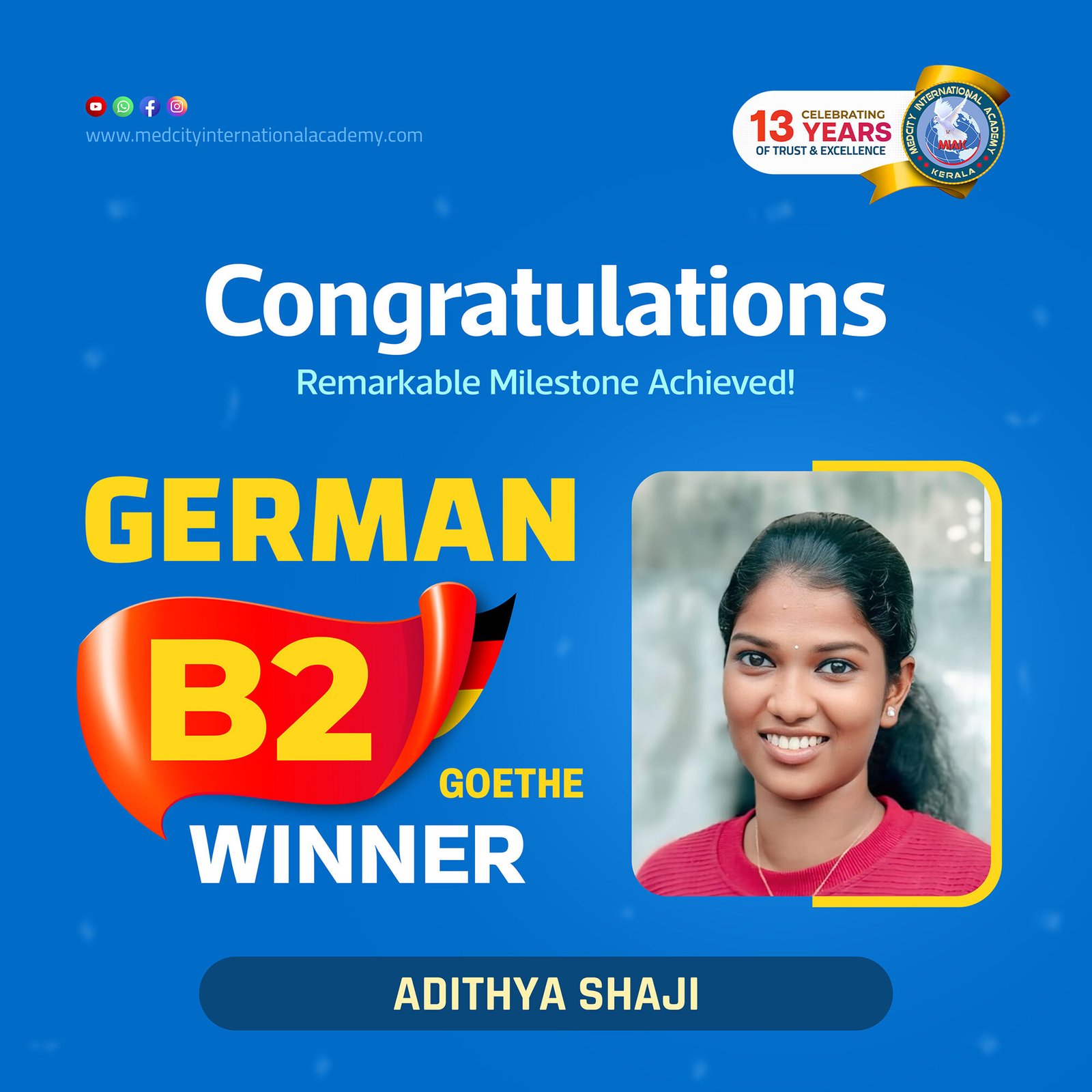 Medcity International Academy German B2 Goethe success banner featuring Adithya Shaji celebrating successful completion of the German B2 Goethe Examination. The banner highlights expert German language training for students and professionals preparing for higher education, Ausbildung, nursing careers, and employment opportunities in Germany.
