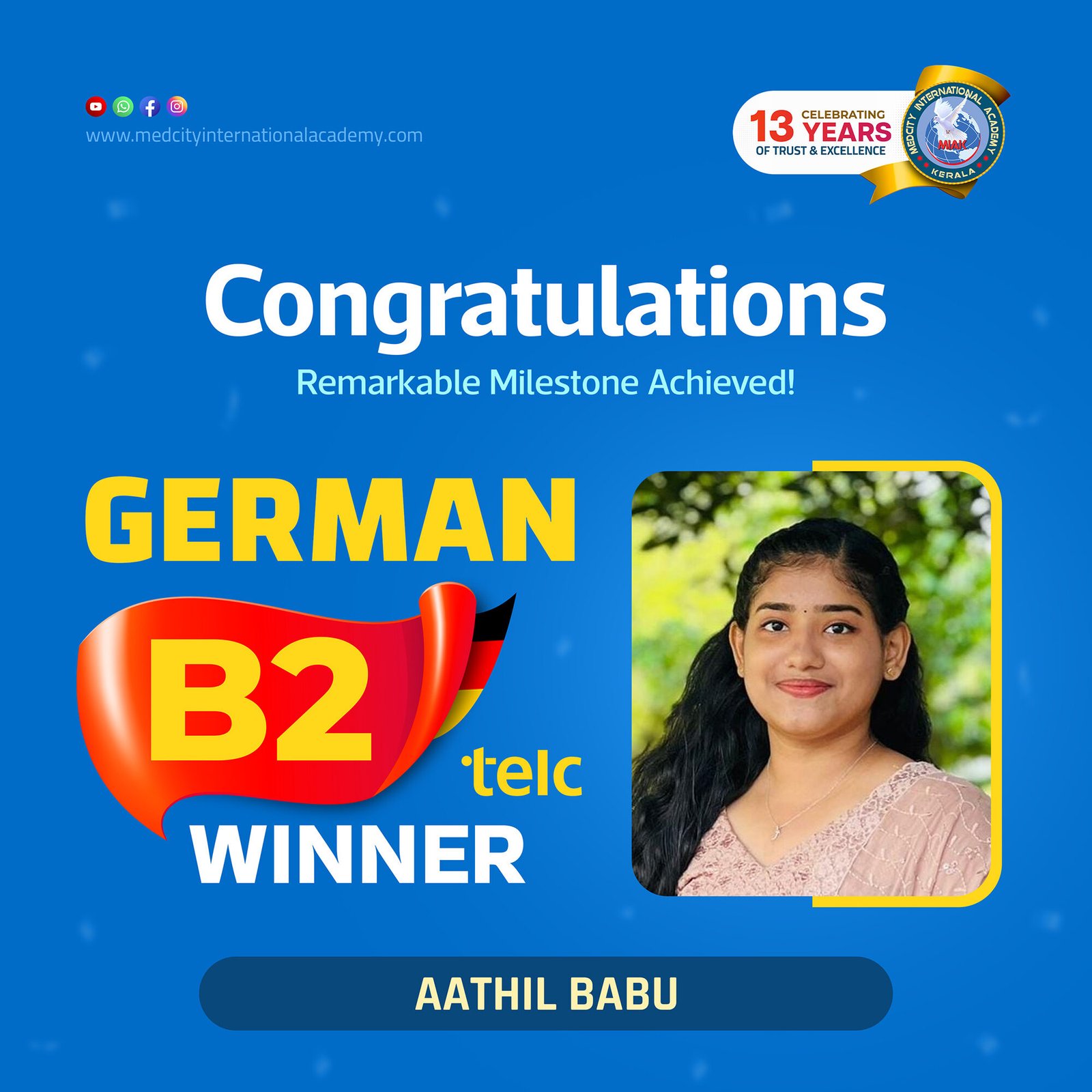 Medcity International Academy German B2 TELC success banner featuring Aathil Babu celebrating successful completion of the German B2 TELC Examination. The banner showcases expert German language training for students and professionals preparing for higher education, Ausbildung, nursing careers, and employment opportunities in Germany.