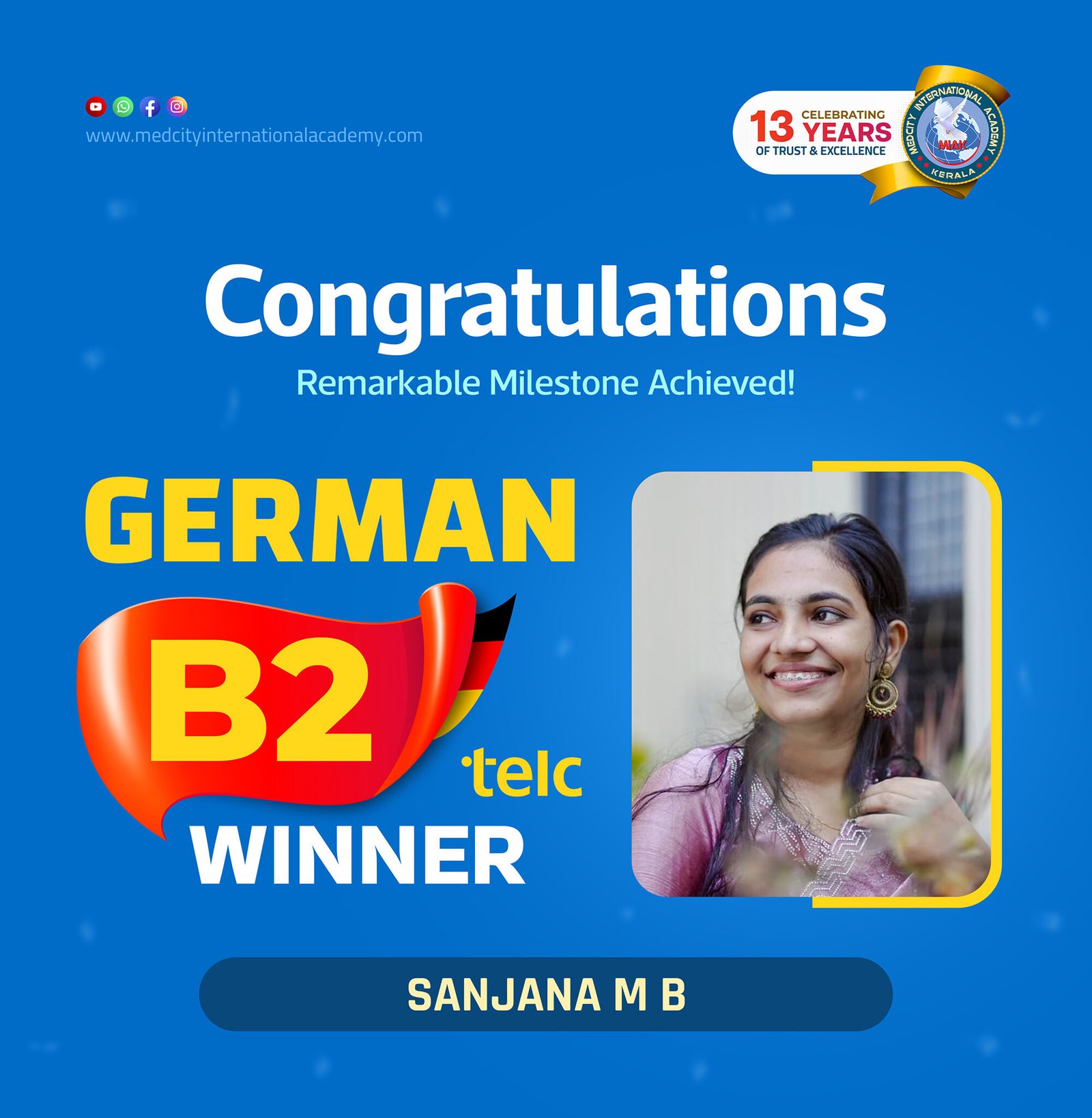 Medcity International Academy German B2 TELC success banner featuring Sanjana M B celebrating successful completion of the German B2 TELC Examination. The banner highlights expert German language training for students and professionals preparing for higher education, Ausbildung, nursing careers, and employment opportunities in Germany.