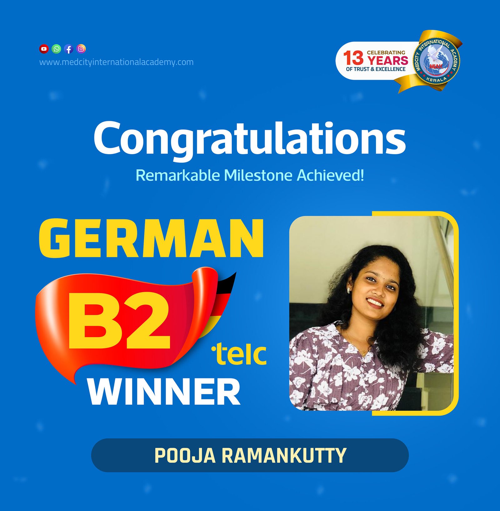 Medcity International Academy German B2 TELC success banner featuring Pooja Ramankutty celebrating successful completion of the German B2 TELC Examination. The banner highlights expert German language training for students and professionals preparing for higher education, Ausbildung, nursing careers, and employment opportunities in Germany.