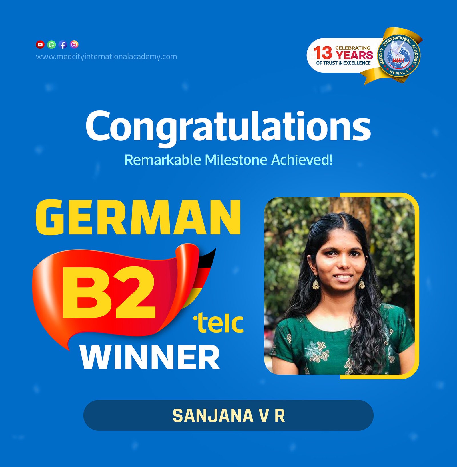 Medcity International Academy German B2 TELC success banner featuring Sanjana V R celebrating successful completion of the German B2 TELC Examination. The banner highlights expert German language training for students and professionals preparing for higher education, Ausbildung, nursing careers, and employment opportunities in Germany.