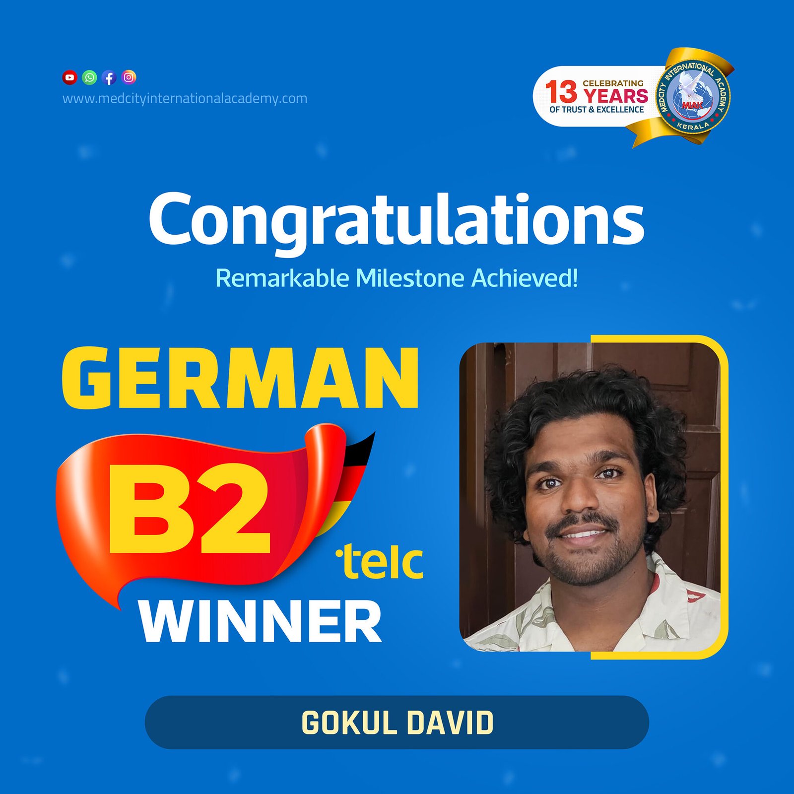 Medcity International Academy German B2 TELC success banner featuring Gokul David celebrating successful completion of the German B2 TELC Examination. The banner highlights expert German language training for students and professionals preparing for higher education, Ausbildung, and career opportunities in Germany.