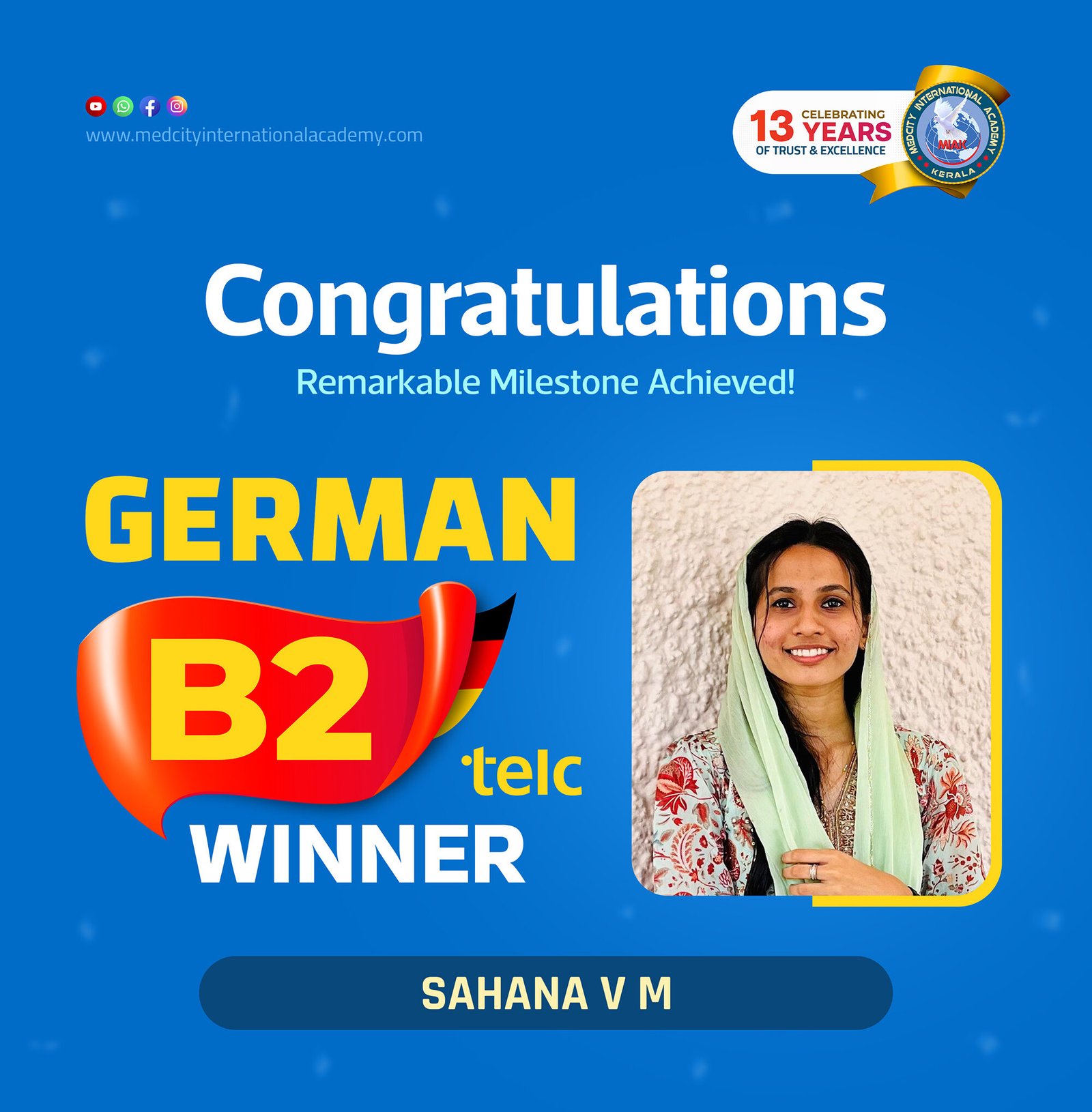 Medcity International Academy German B2 TELC success banner featuring Sahana V M celebrating successful completion of the German B2 TELC Examination. The banner showcases expert German language training for students and professionals preparing for higher education, Ausbildung, nursing careers, and employment opportunities in Germany.