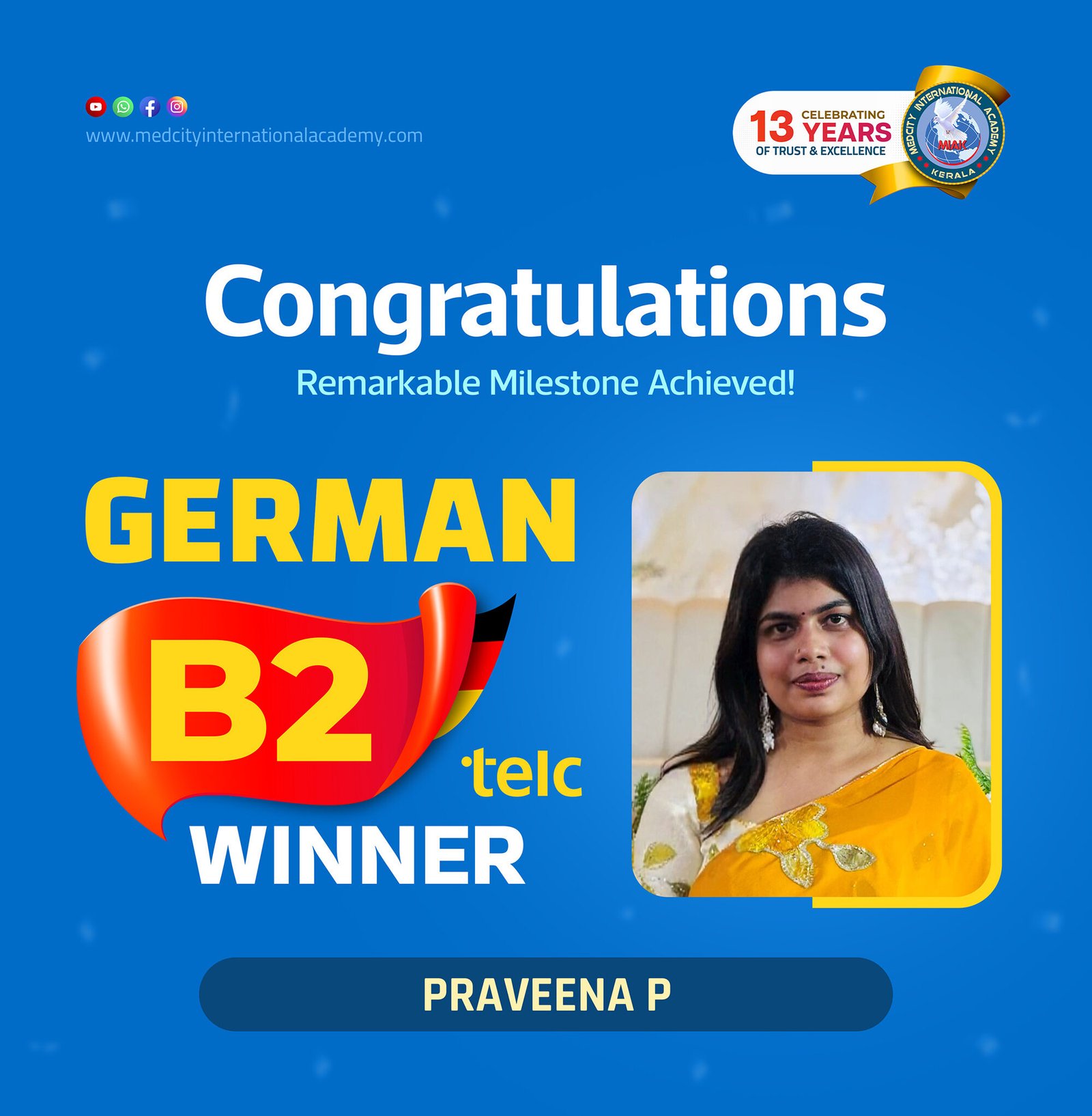 Medcity International Academy German B2 TELC success banner featuring Praveena P celebrating successful completion of the German B2 TELC Examination. The banner highlights expert German language training for students and professionals preparing for higher education, Ausbildung, nursing careers, and employment opportunities in Germany.