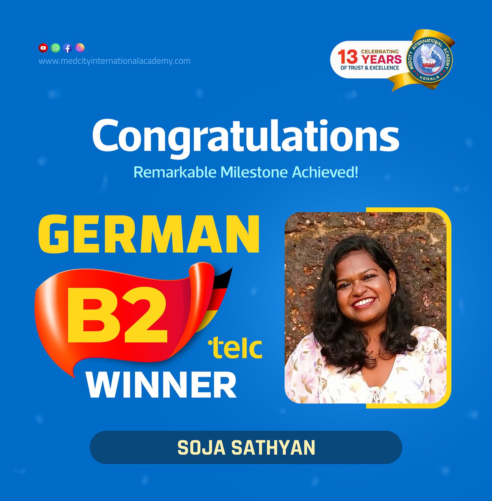 Medcity International Academy German B2 TELC success banner featuring Soja Sathyan celebrating successful completion of the German B2 TELC Examination. The banner highlights expert German language training for students and professionals preparing for higher education, Ausbildung programs, nursing careers, and employment opportunities in Germany.