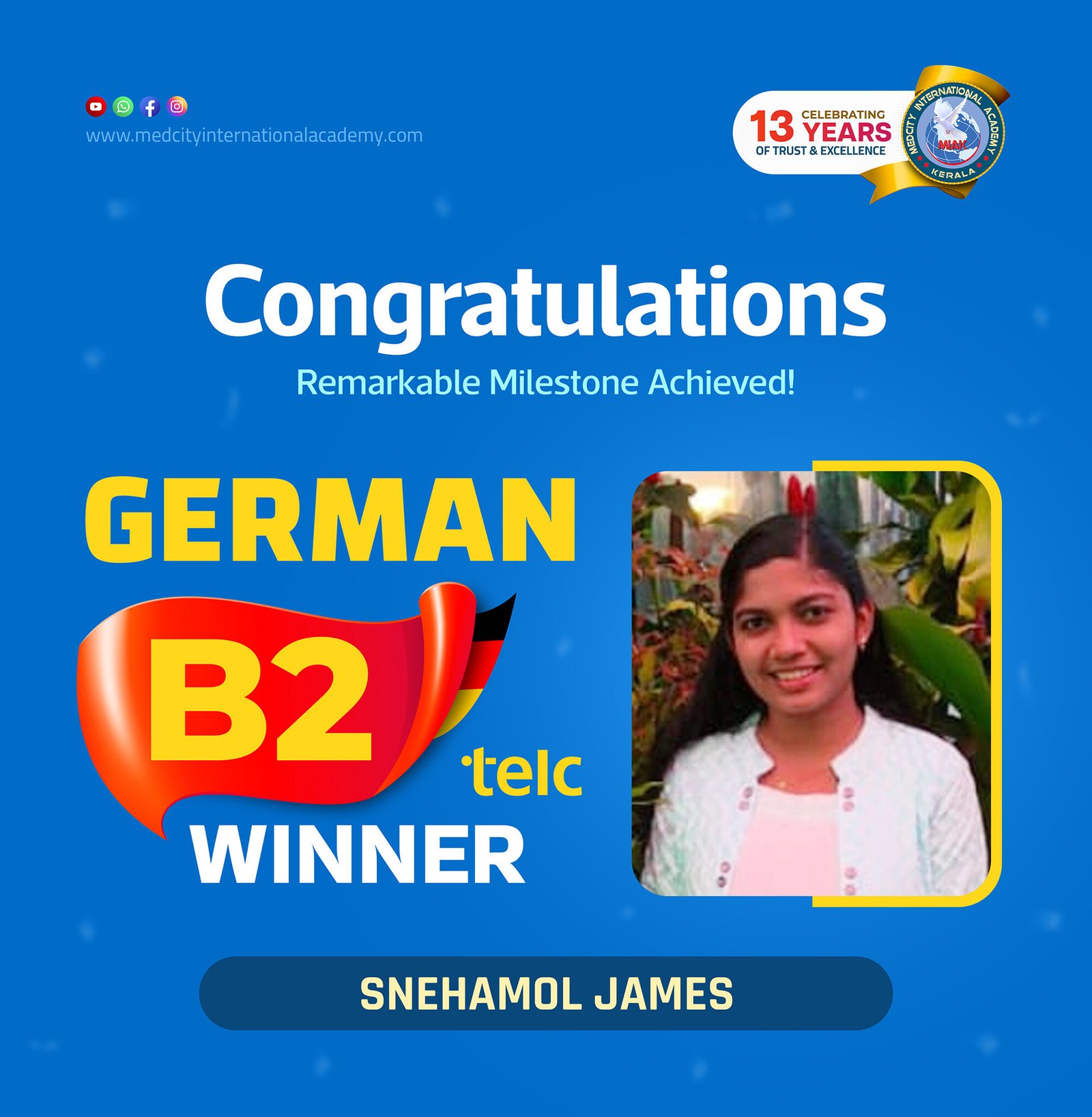 Medcity International Academy German B2 TELC success banner featuring Snehamol James celebrating successful completion of the German B2 TELC Examination. The banner highlights expert German language training for students and professionals preparing for higher education, Ausbildung programs, nursing careers, and employment opportunities in Germany.