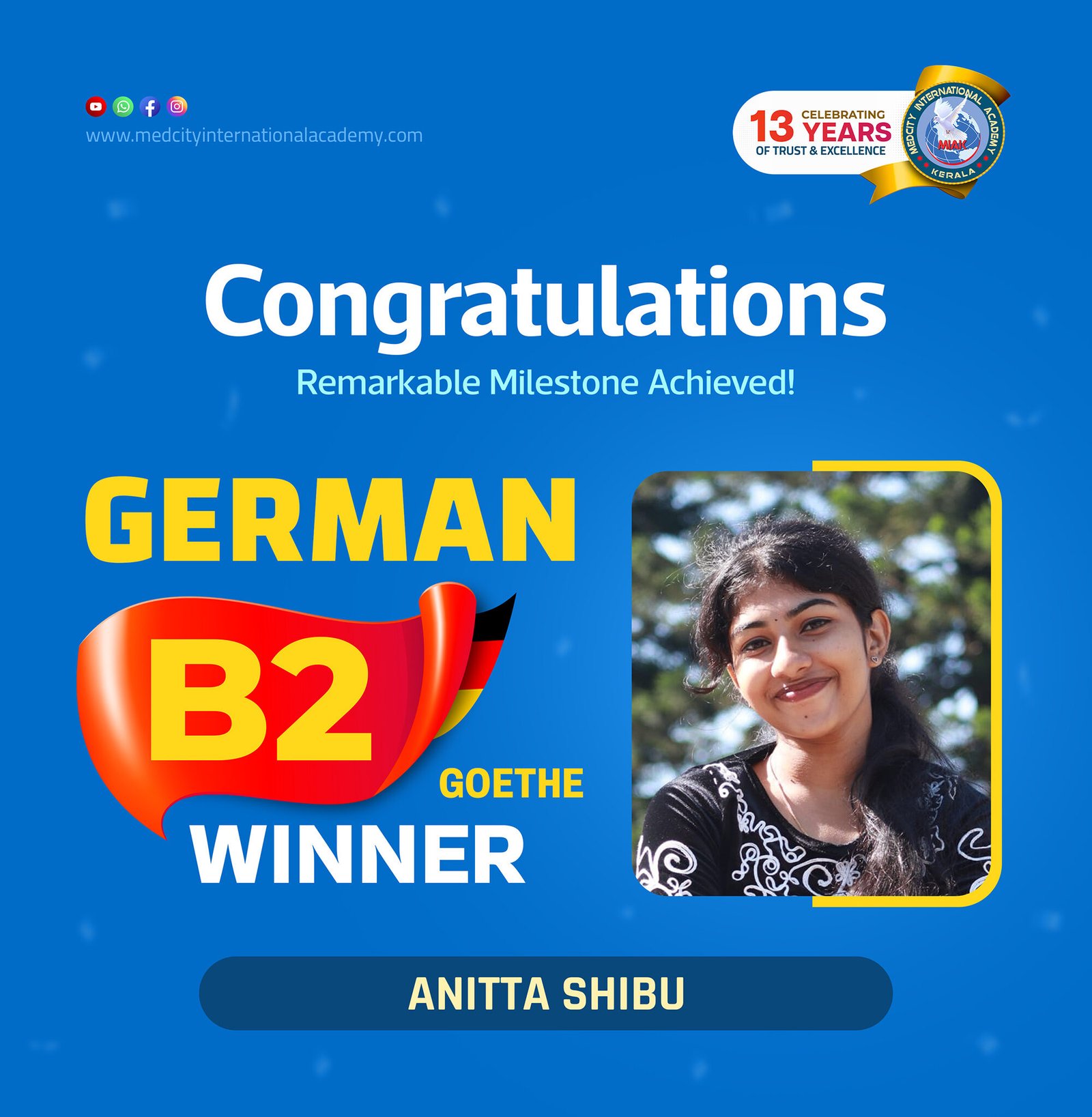 Medcity International Academy German B2 Goethe success banner featuring Anitta Shibu celebrating successful completion of the German B2 Goethe Examination. The banner highlights expert German language training for students and professionals preparing for higher education, Ausbildung programs, nursing careers, and employment opportunities in Germany.