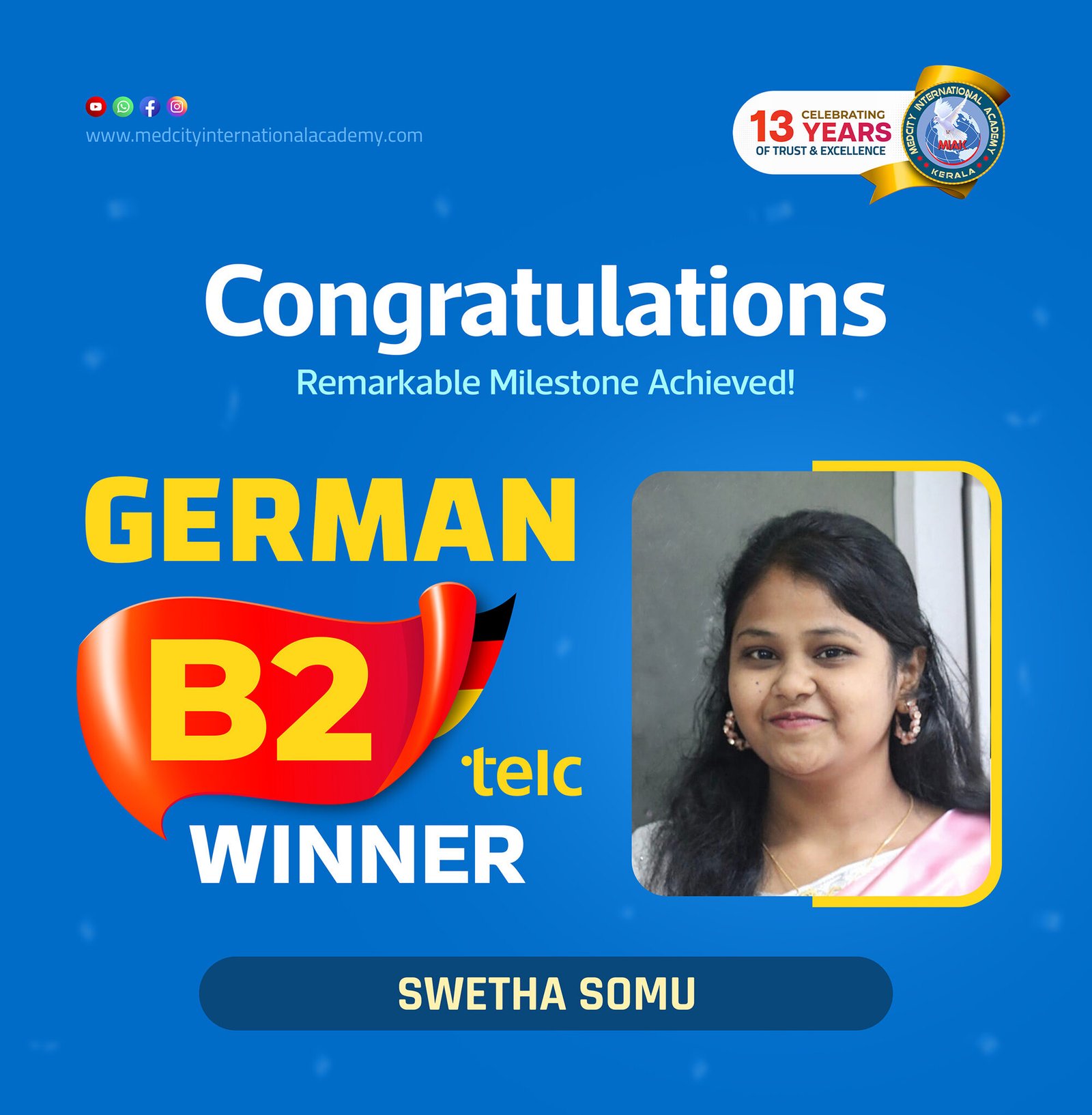 Medcity International Academy German B2 TELC success banner featuring Swetha Somu celebrating successful completion of the German B2 TELC Examination. The banner highlights expert German language training for students and professionals preparing for higher education, Ausbildung programs, nursing careers, and employment opportunities in Germany.