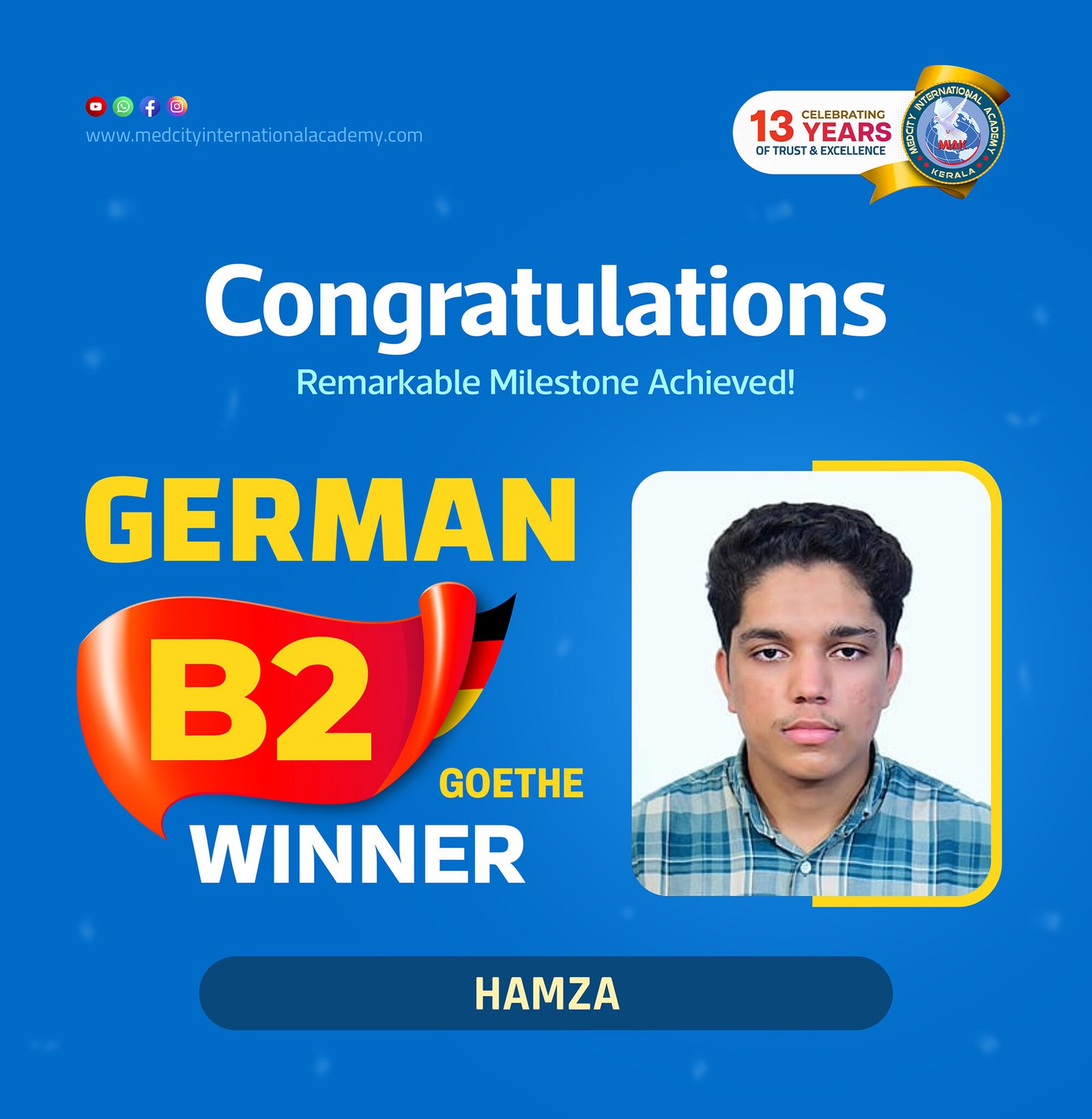 Medcity International Academy German B2 Goethe success banner featuring Hamza celebrating successful completion of the German B2 Goethe Examination. The banner highlights expert German language training for students and professionals preparing for higher education, Ausbildung programs, nursing careers, and employment opportunities in Germany.