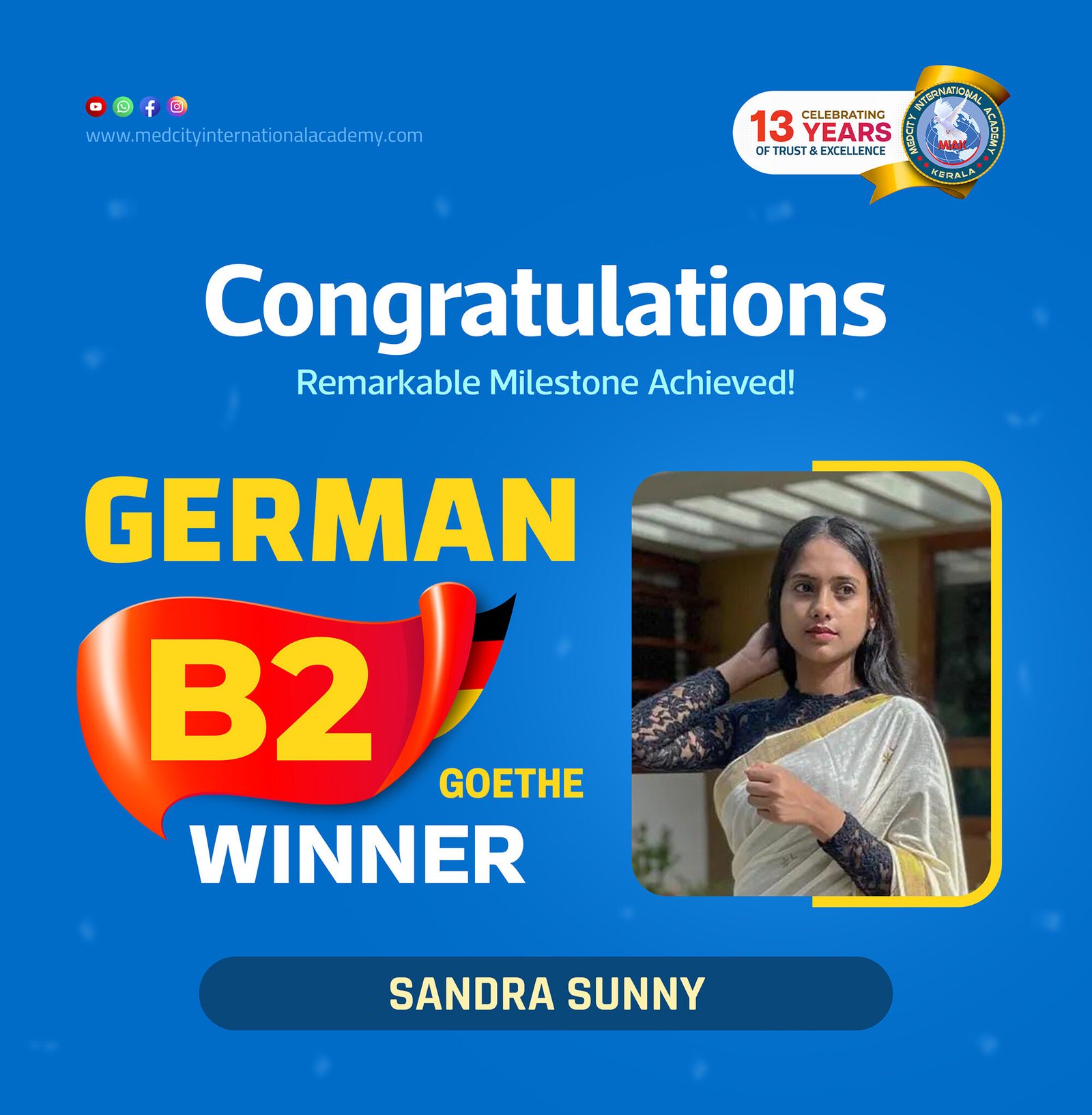 Medcity International Academy German B2 Goethe success banner featuring Sandra Sunny celebrating successful completion of the German B2 Goethe Examination. The banner highlights expert German language training for students and professionals preparing for higher education, Ausbildung programs, nursing careers, and employment opportunities in Germany.