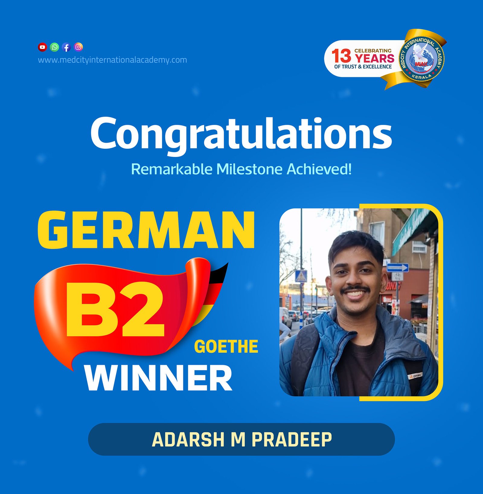 Medcity International Academy German B2 Goethe success banner featuring Adarsh M Pradeep celebrating successful completion of the German B2 Goethe Examination. The banner highlights expert German language training for students preparing for higher education, Ausbildung programs, nursing careers, and employment opportunities in Germany.