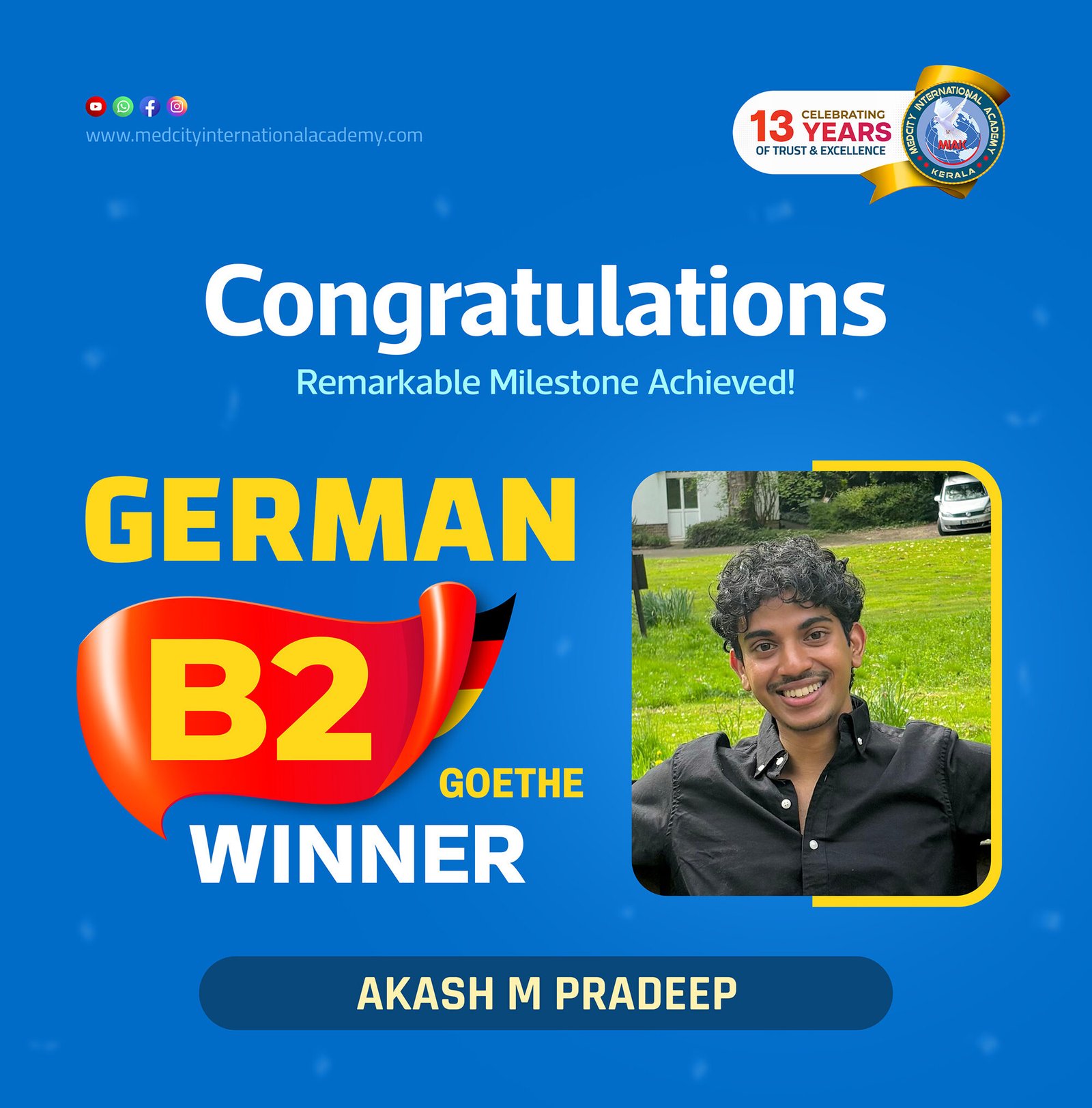 Medcity International Academy German B2 Goethe success banner featuring Akash M Pradeep celebrating successful completion of the German B2 Goethe Examination. The banner highlights expert German language training for students preparing for higher education, Ausbildung programs, nursing careers, and employment opportunities in Germany.