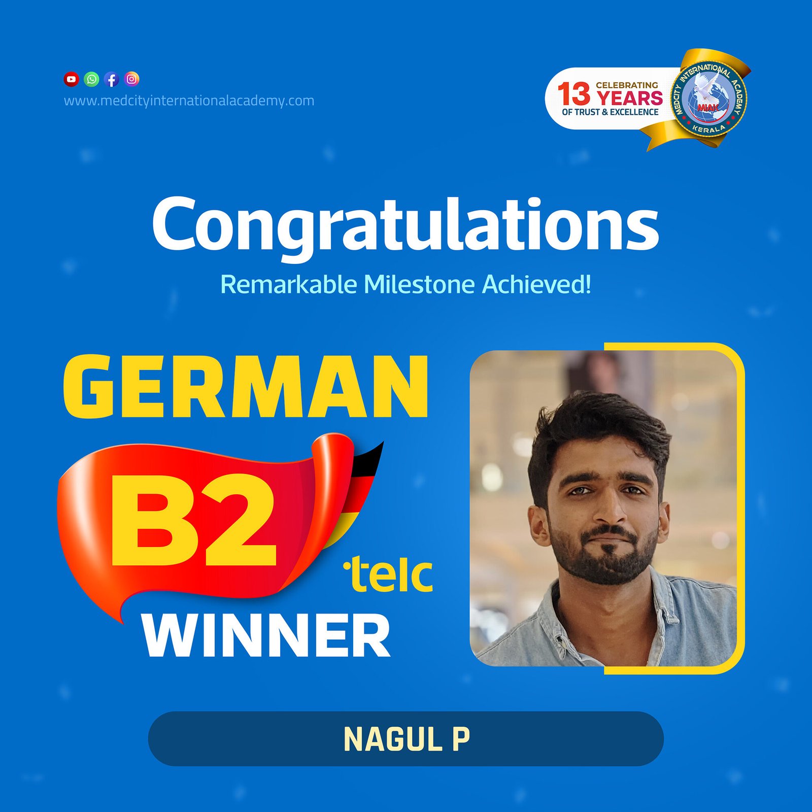 Medcity International Academy German B2 TELC success banner featuring Nagul P celebrating successful completion of the German B2 TELC Examination. The banner highlights expert German language training for students and professionals preparing for higher education, Ausbildung, and career opportunities in Germany.