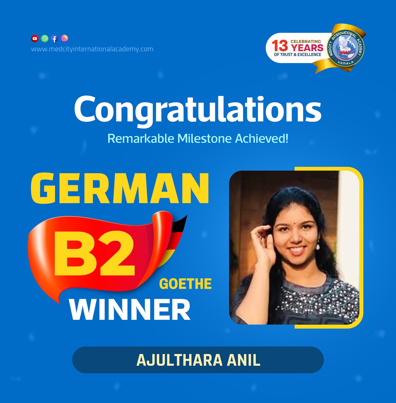 Medcity International Academy German B2 Goethe success banner featuring Ajulthara Anil celebrating successful completion of the German B2 Goethe Examination. The banner highlights expert German language training for students preparing for higher education, Ausbildung programs, nursing careers, and employment opportunities in Germany.