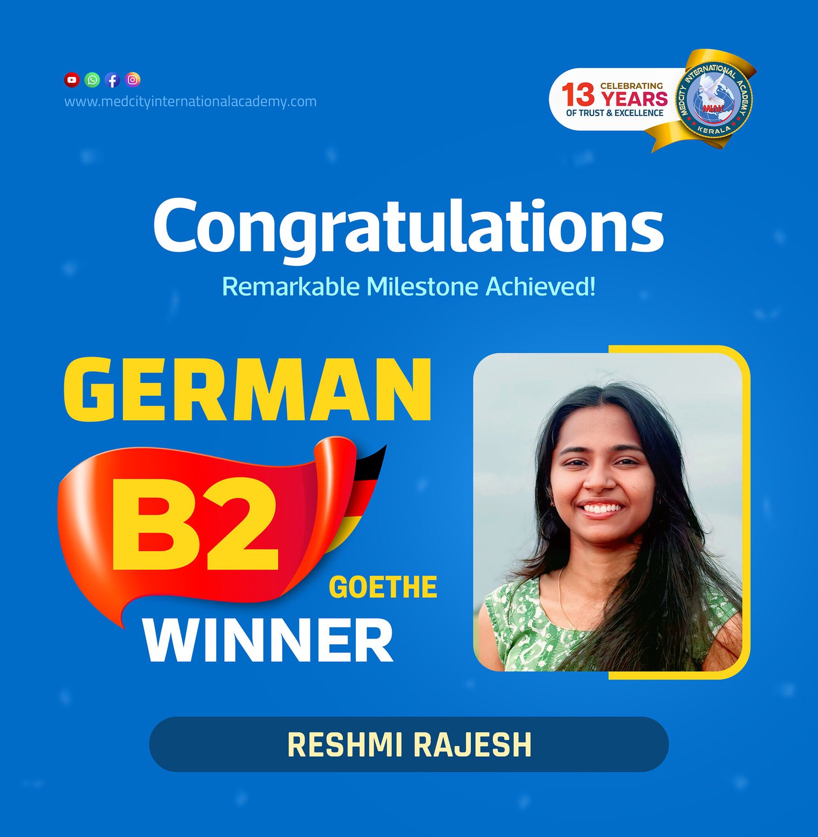 Medcity International Academy German B2 Goethe success banner featuring Reshmi Rajesh celebrating successful completion of the German B2 Goethe Examination. The banner highlights expert German language training for students preparing for higher education, Ausbildung programs, nursing careers, and employment opportunities in Germany.