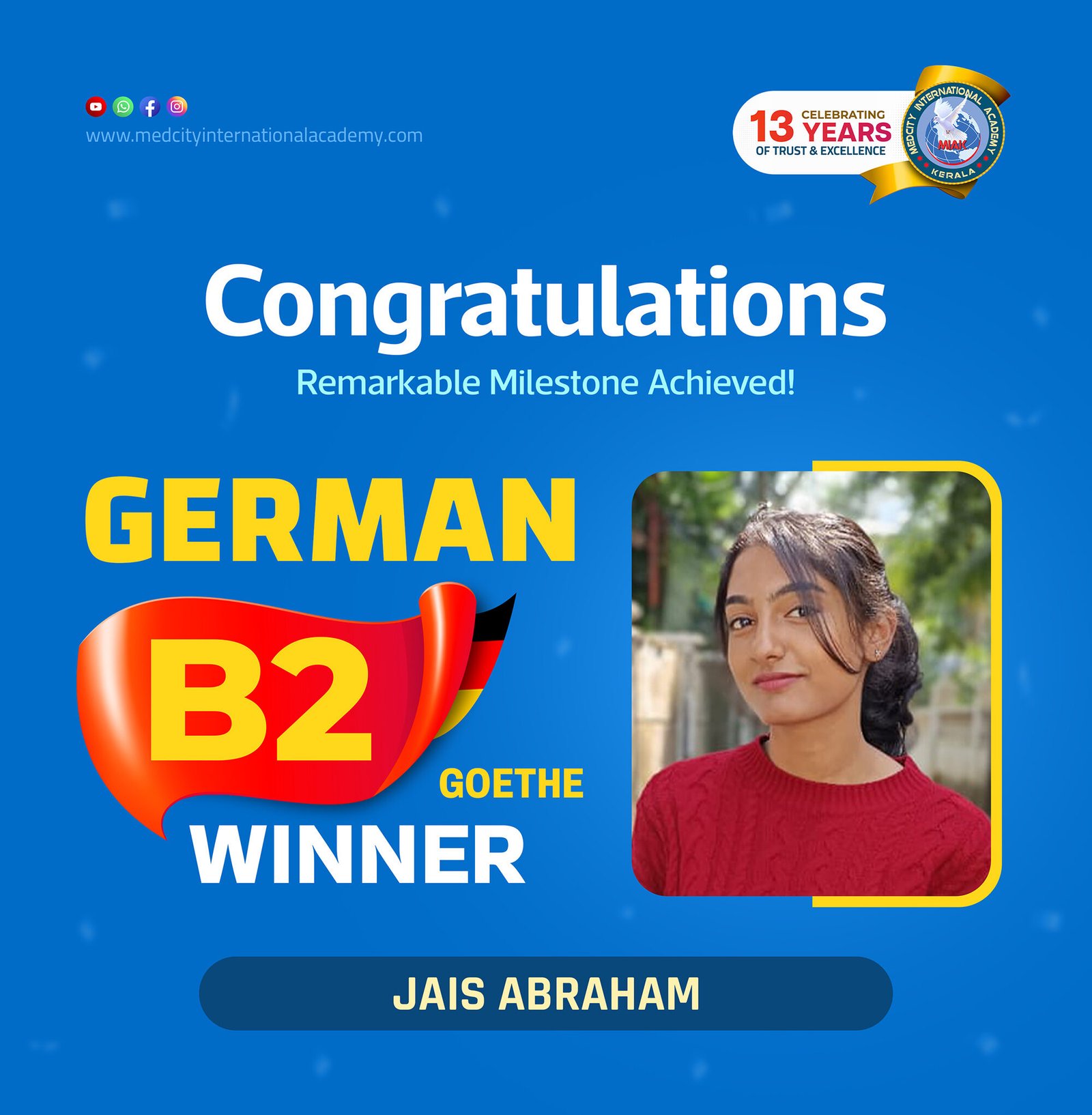 Medcity International Academy German B2 Goethe success banner featuring Jais Abraham celebrating successful completion of the German B2 Goethe Examination. The banner highlights expert German language training for students preparing for higher education, Ausbildung programs, nursing careers, and career opportunities in Germany.
